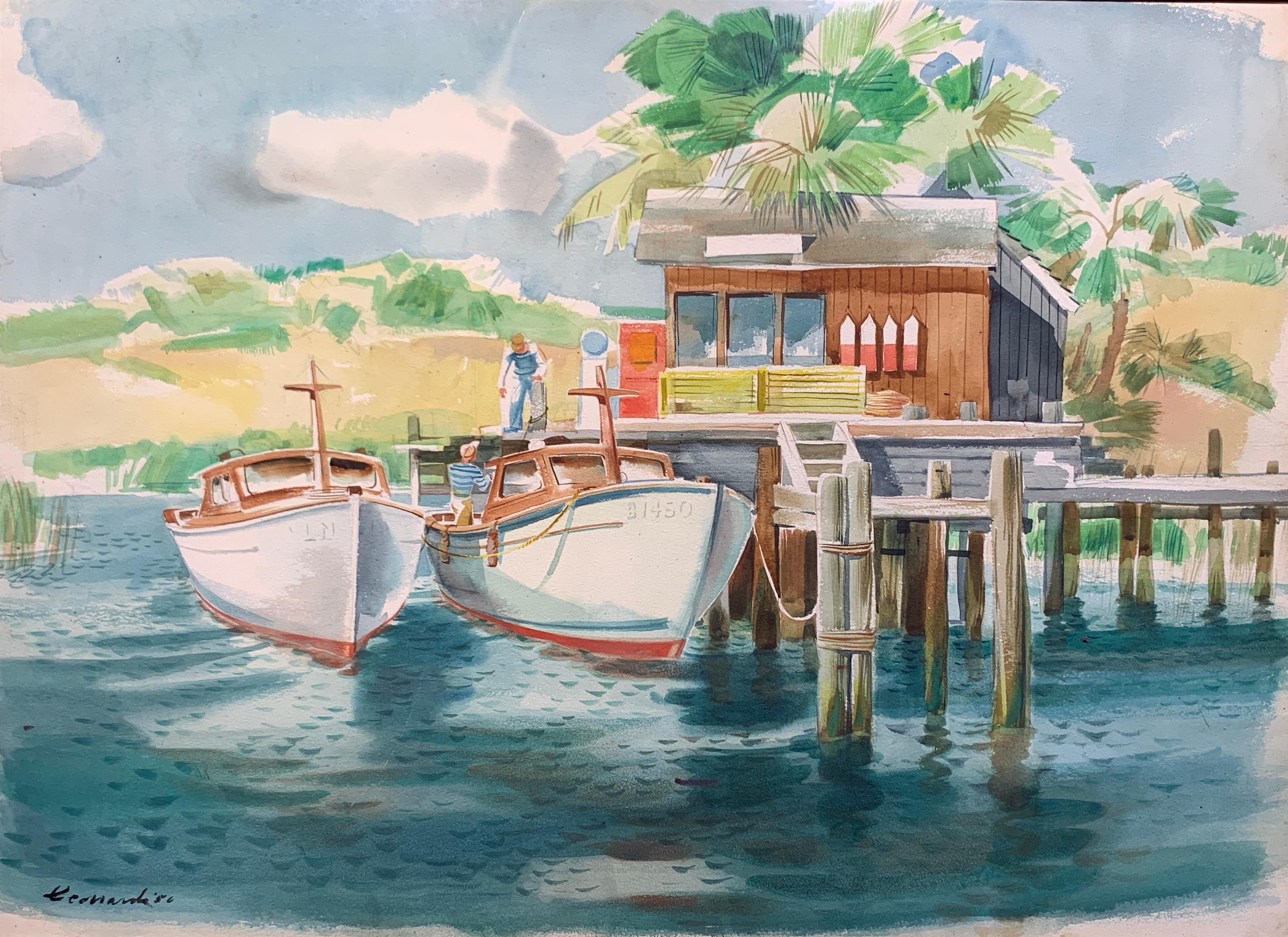 Jack DeCoudres Leonard Landscape Painting - Tropical Fishing Boats