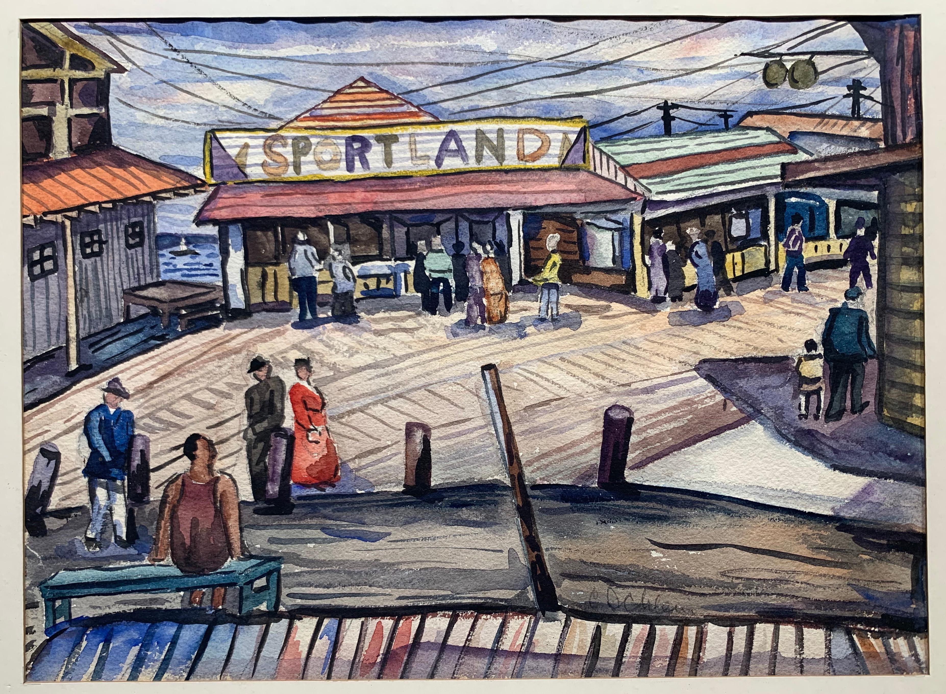 Amusement Pier (WPA era Social Realist painting) - Art by Charles Schlein