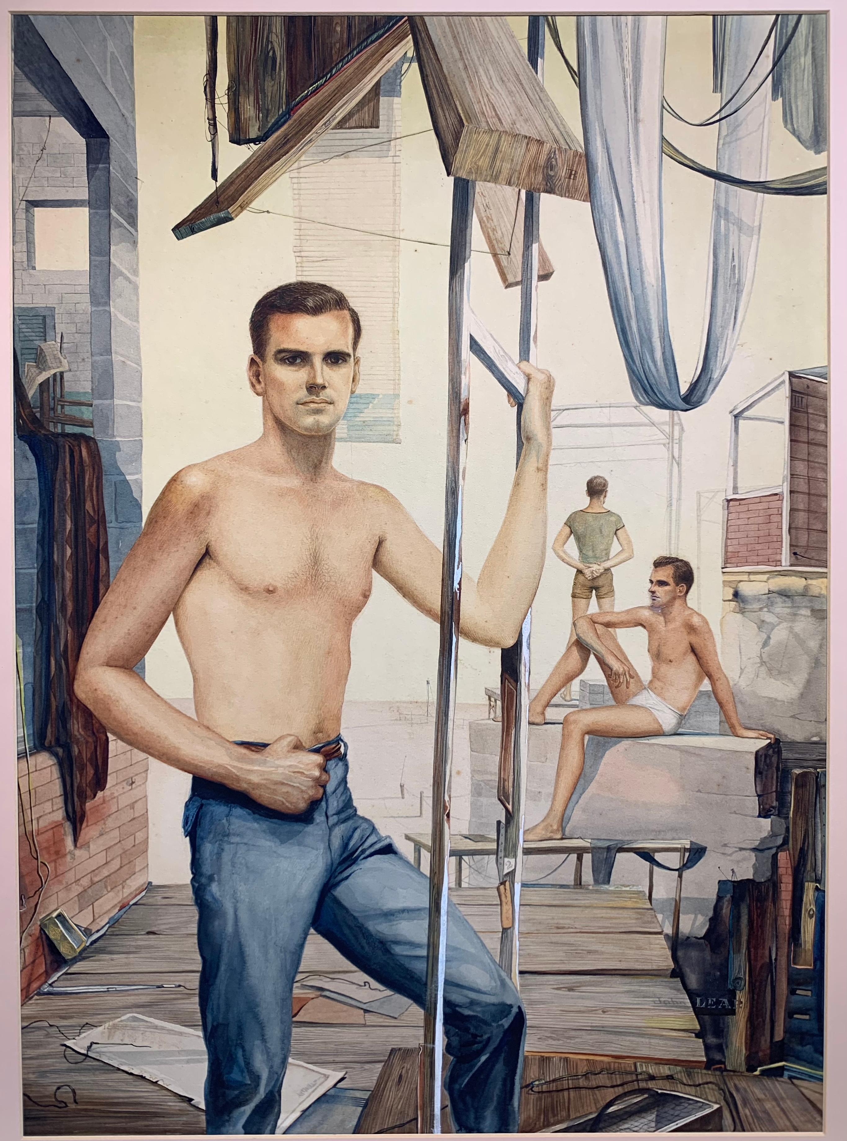 John Brock Lear Nude Painting - Surrealist Landscape with Figures (Male Nude)