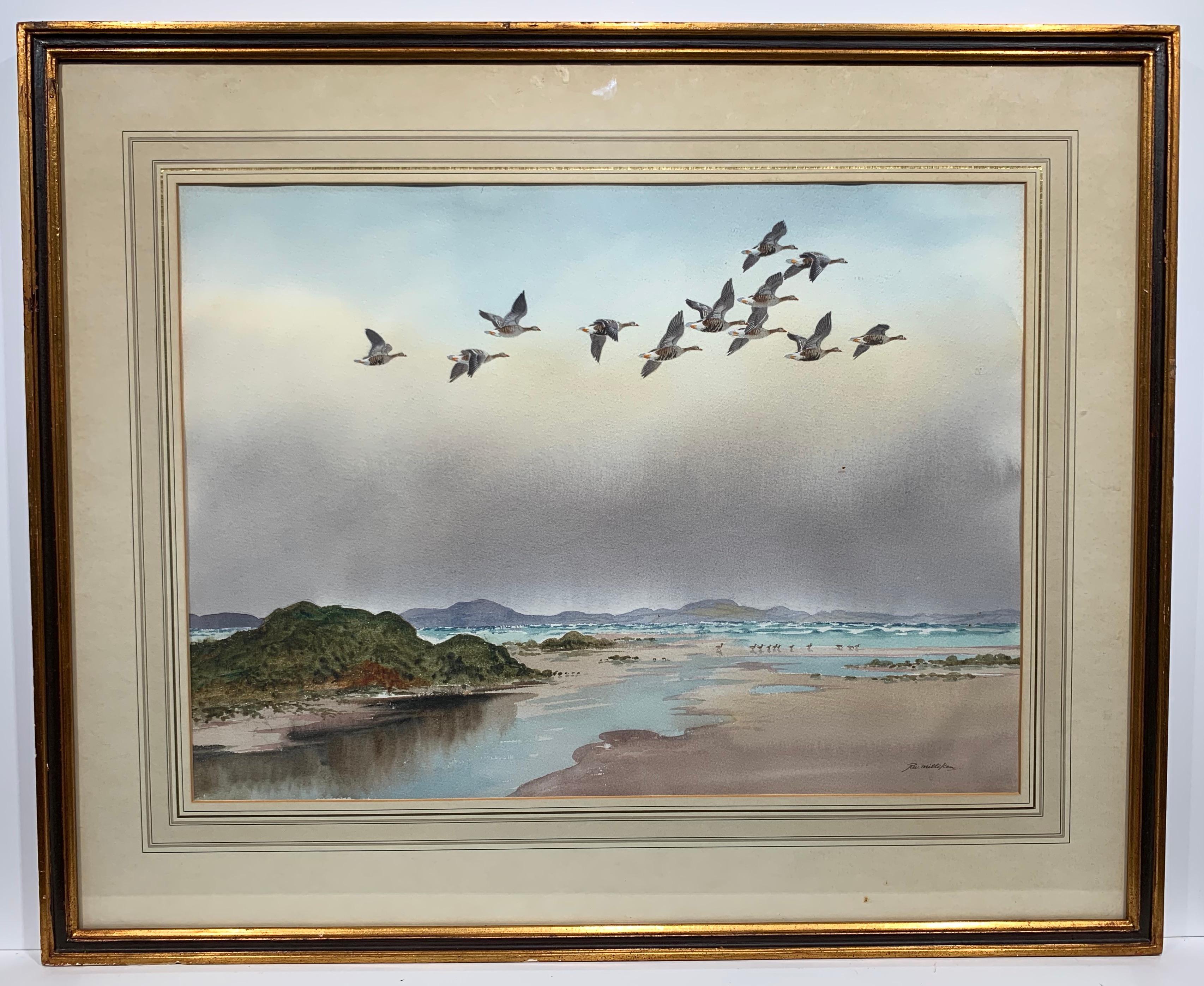 Robert W. Milliken Animal Art - White Fronts Along the Coast (White Fronted Geese, Ireland Landscape)