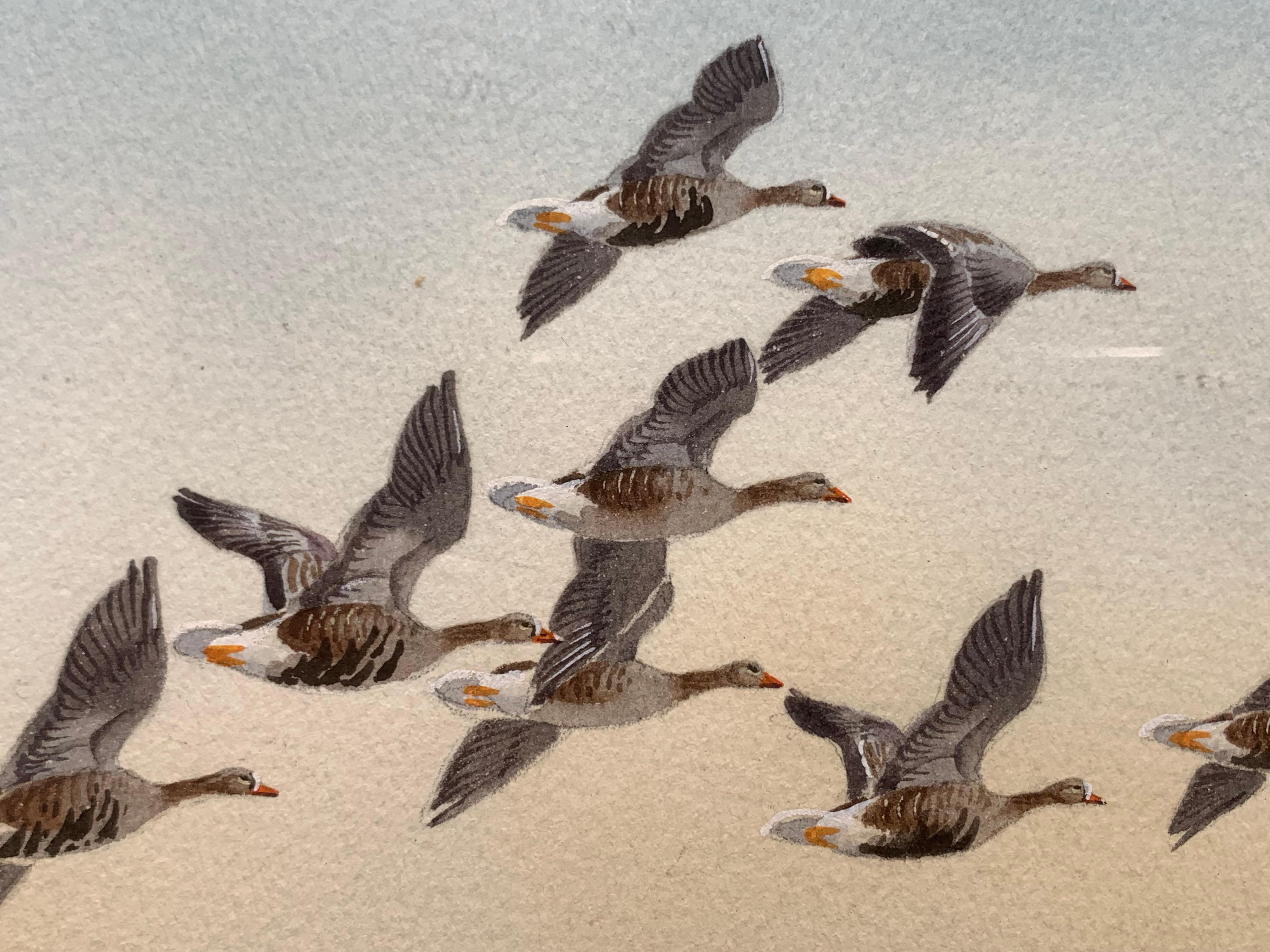 White Fronts Along the Coast (White Fronted Geese, Ireland Landscape) - Art by Robert W. Milliken