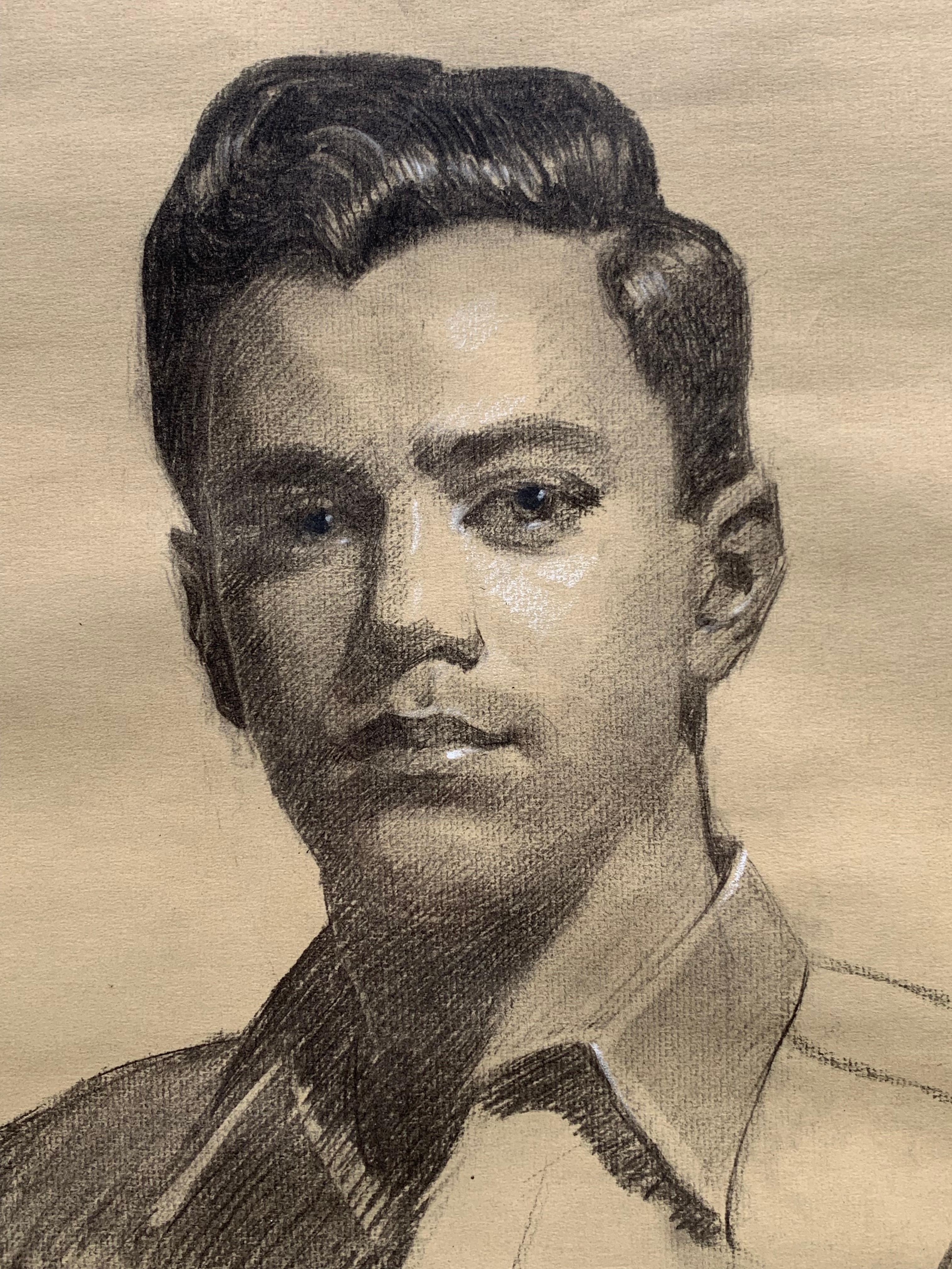 Beautiful WWII era portrait of a young man by Louis Krupp (1888-1978). Charcoal on paper measures 16.5 x 22.5 inches, 25 X 30 IN MATTING.  Signed and dated 1945 lower margin. 

PLEASE NOTE FRAME AND GLASS WERE REMOVED AND WILL NOT ACCOMPANY PIECE