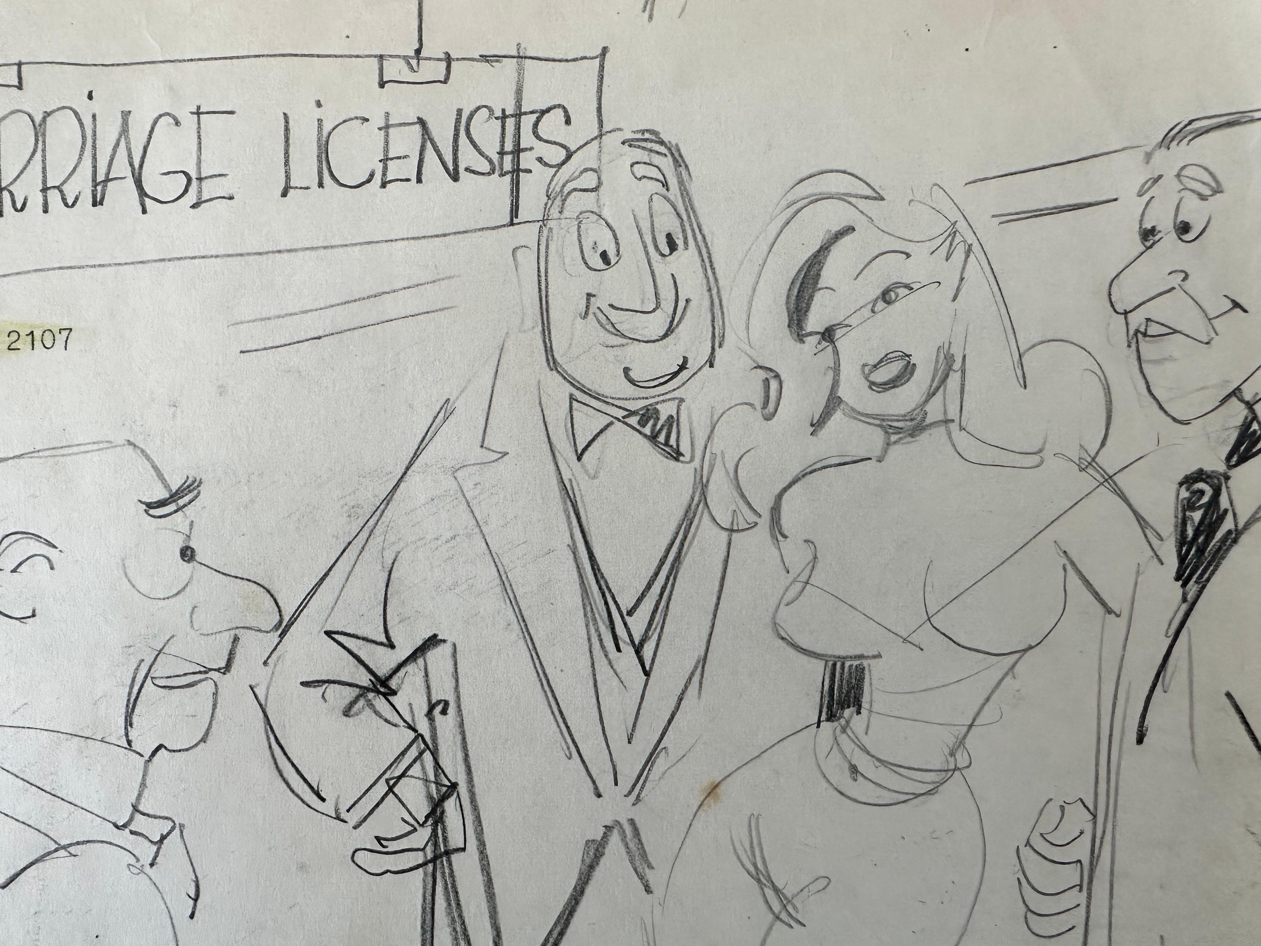 Cartoon-Skizze, ca. 1955. Bleistift auf Papier, Blattgröße 8,5 x 11 Zoll. Unsigniert mit Vermerken des Herausgebers. 
Aus einer Gruppe von Skizzen, die als Vorentwürfe für die Genehmigung durch die Redaktion gedacht waren. 