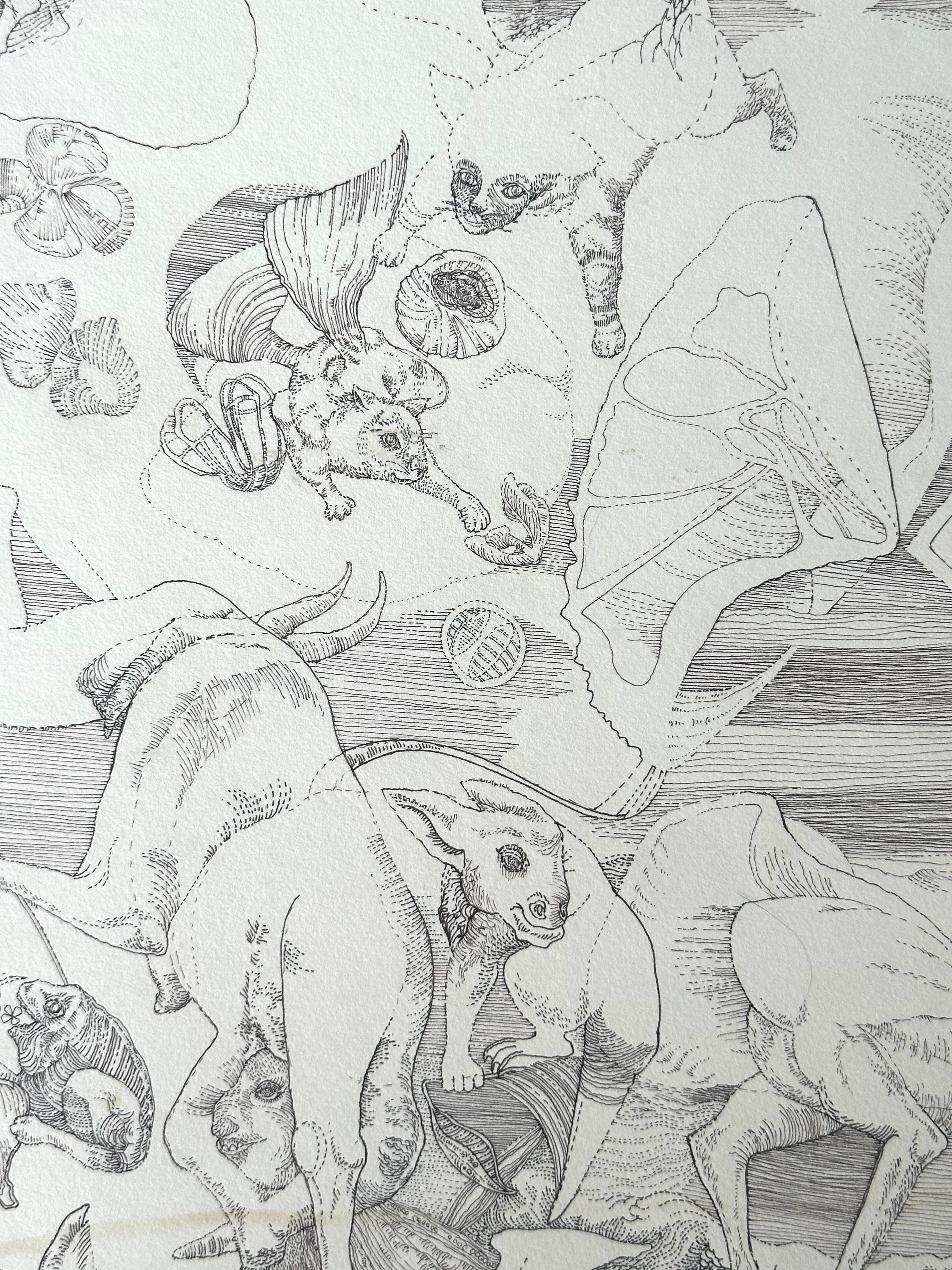 Surrealist proto-Afropunk drawing by African-American artist, Roland Ayers (1932-2014). 

Animal Capers, ca. 1970 . 

Ink on illustration board, image measures 20 inches. inches; illustration panel measures 21.5 inches. Unsigned. 

Minor staining