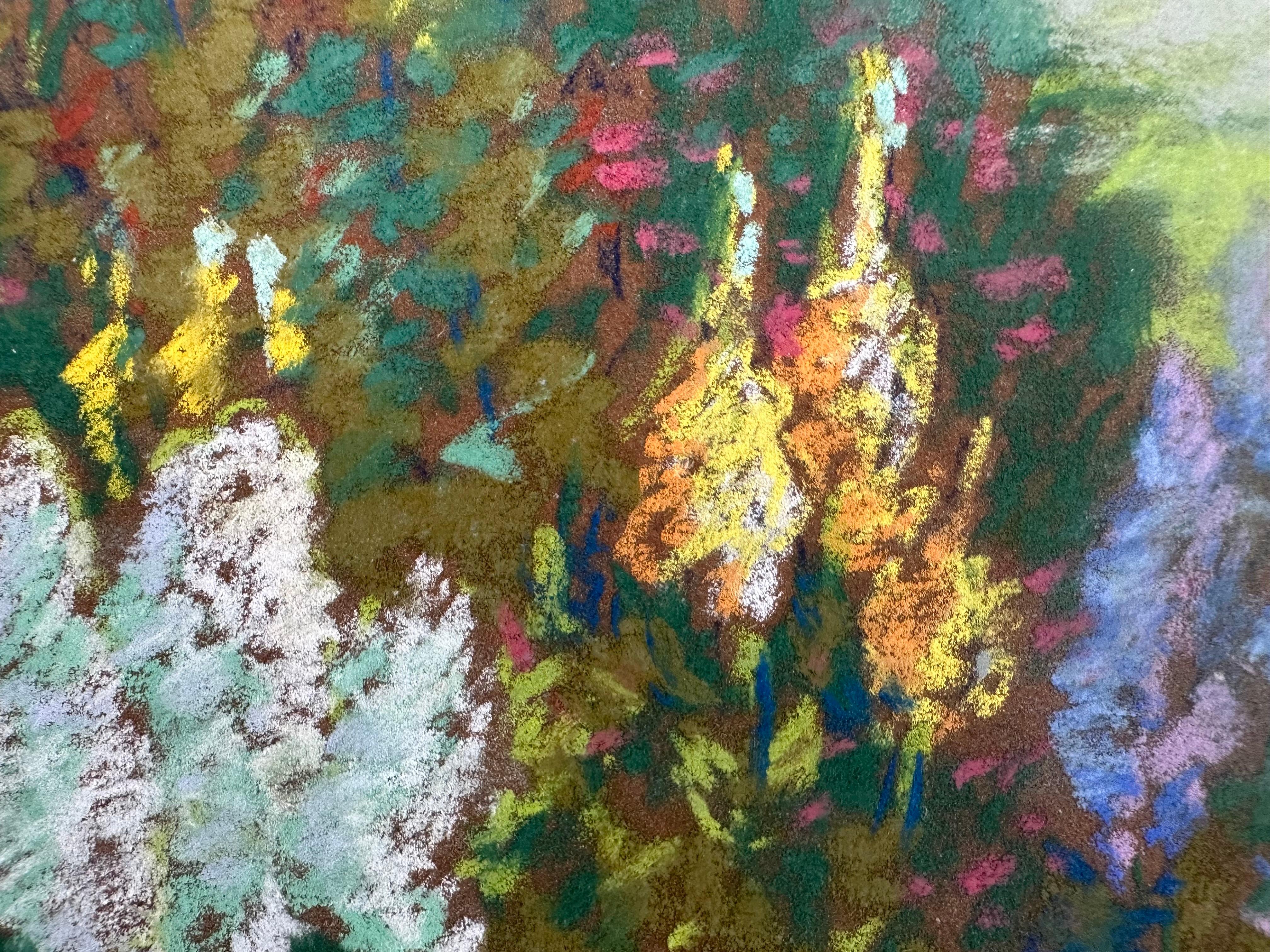 Gertrude A. Larter (1878-1954). 

Jardin à l'ancienne au bord d'un lac. ca. 1920-40

Pastel sur feuille de papier de verre.  Mesurant 9 x 11 pouces 

Signé en bas à droite. Sans cadre.

Gertrude A. Larter est née à New Jersey le  1878.  Gertrude