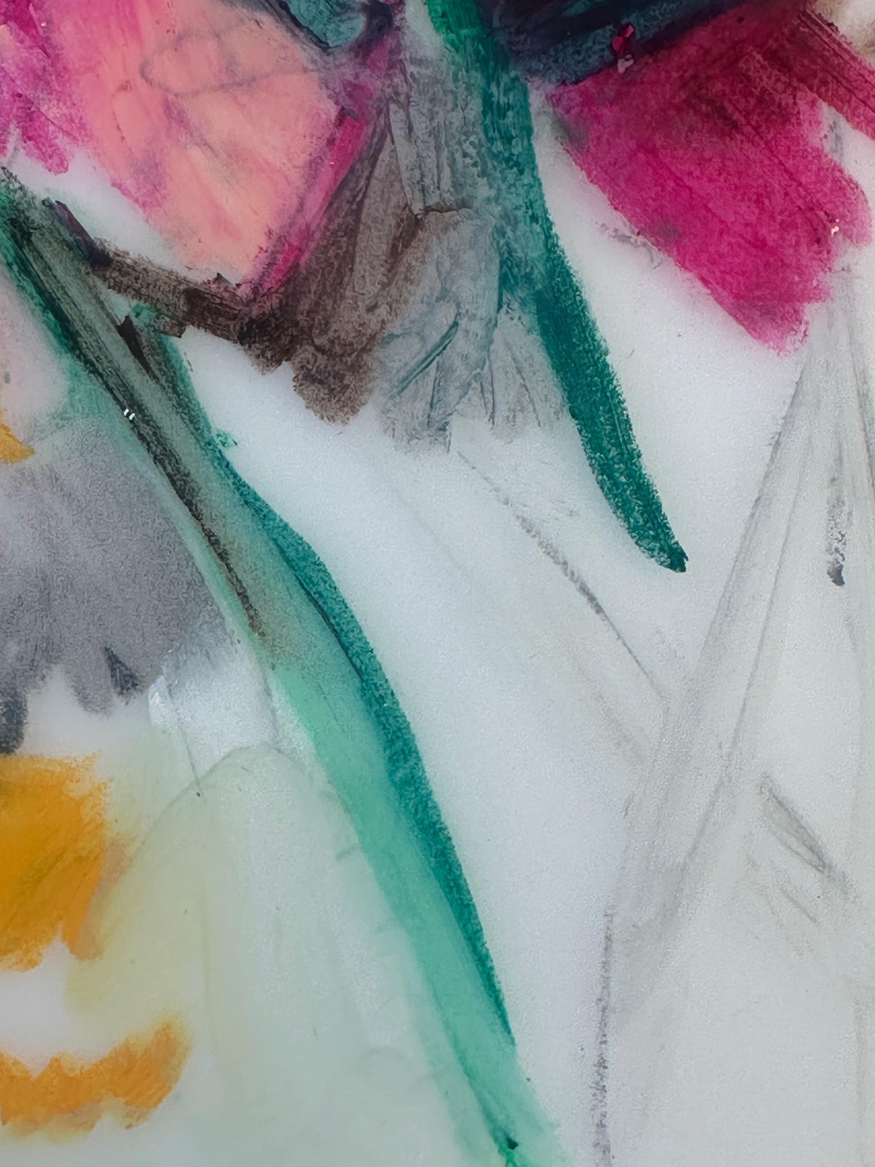 Beautiful floral still life by American artist Jane Piper (1916-1991) . 

Untitled. 1980. 

Pastel, oil crayon and pencil on tracing paper. Image measuring 9 x 12 inches in original frame measuring 15 x 18 inches. 

Signed and dated lower right.