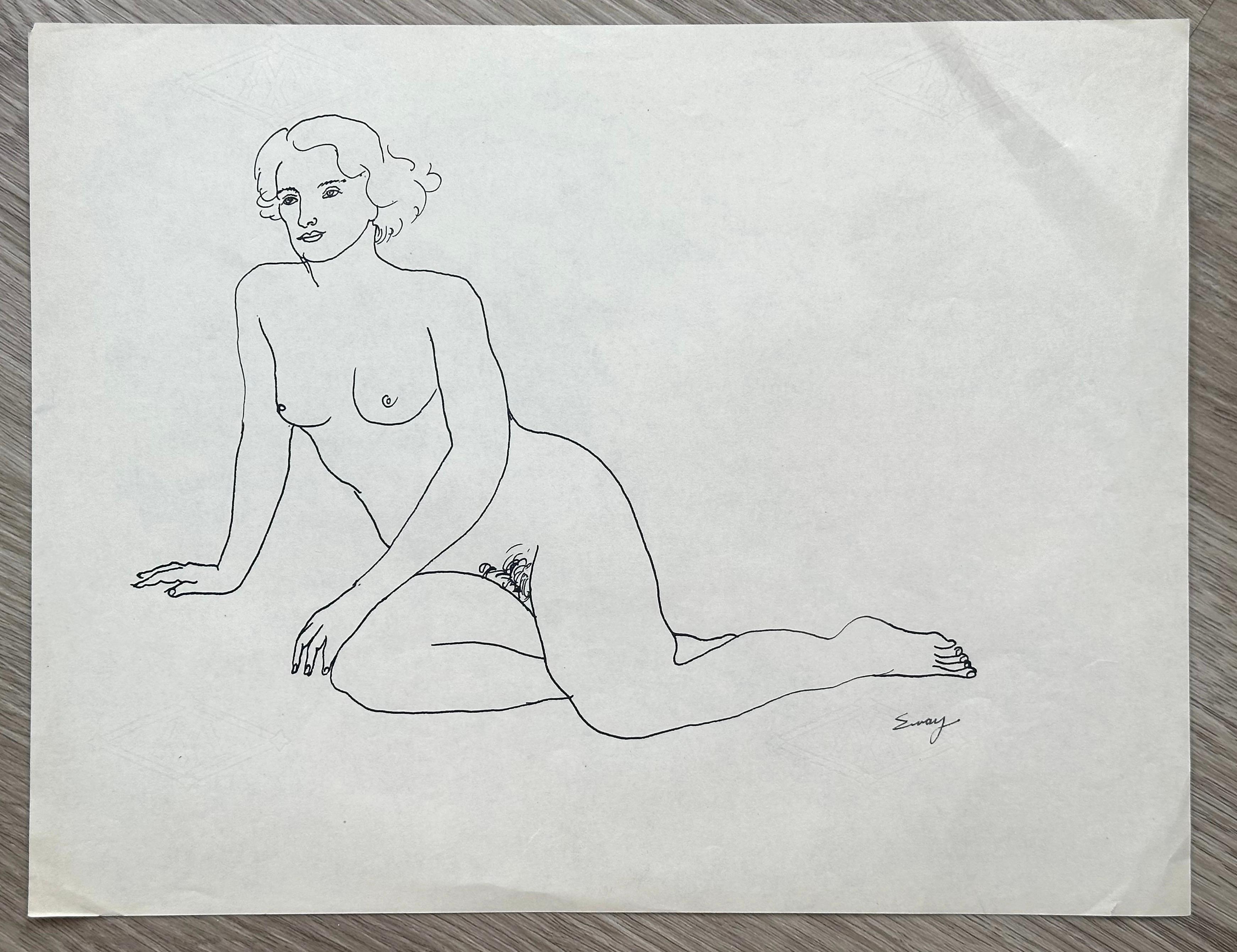 Nude Young Woman Modernist ink drawing