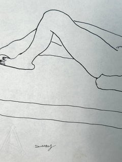 Nude Young Woman Art Deco Modernist ink drawing