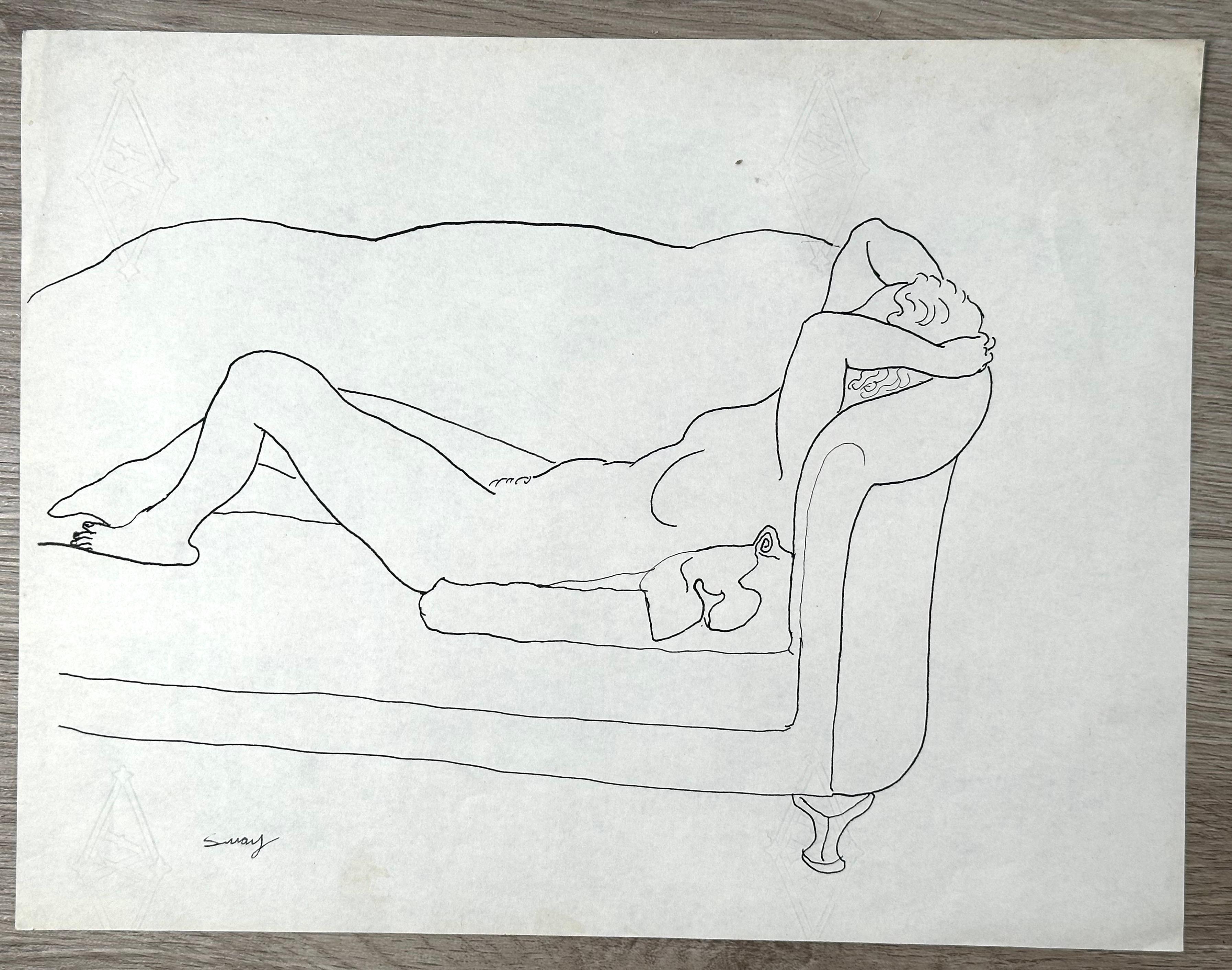 Albert Sway Portrait - Nude Young Woman Art Deco Modernist ink drawing