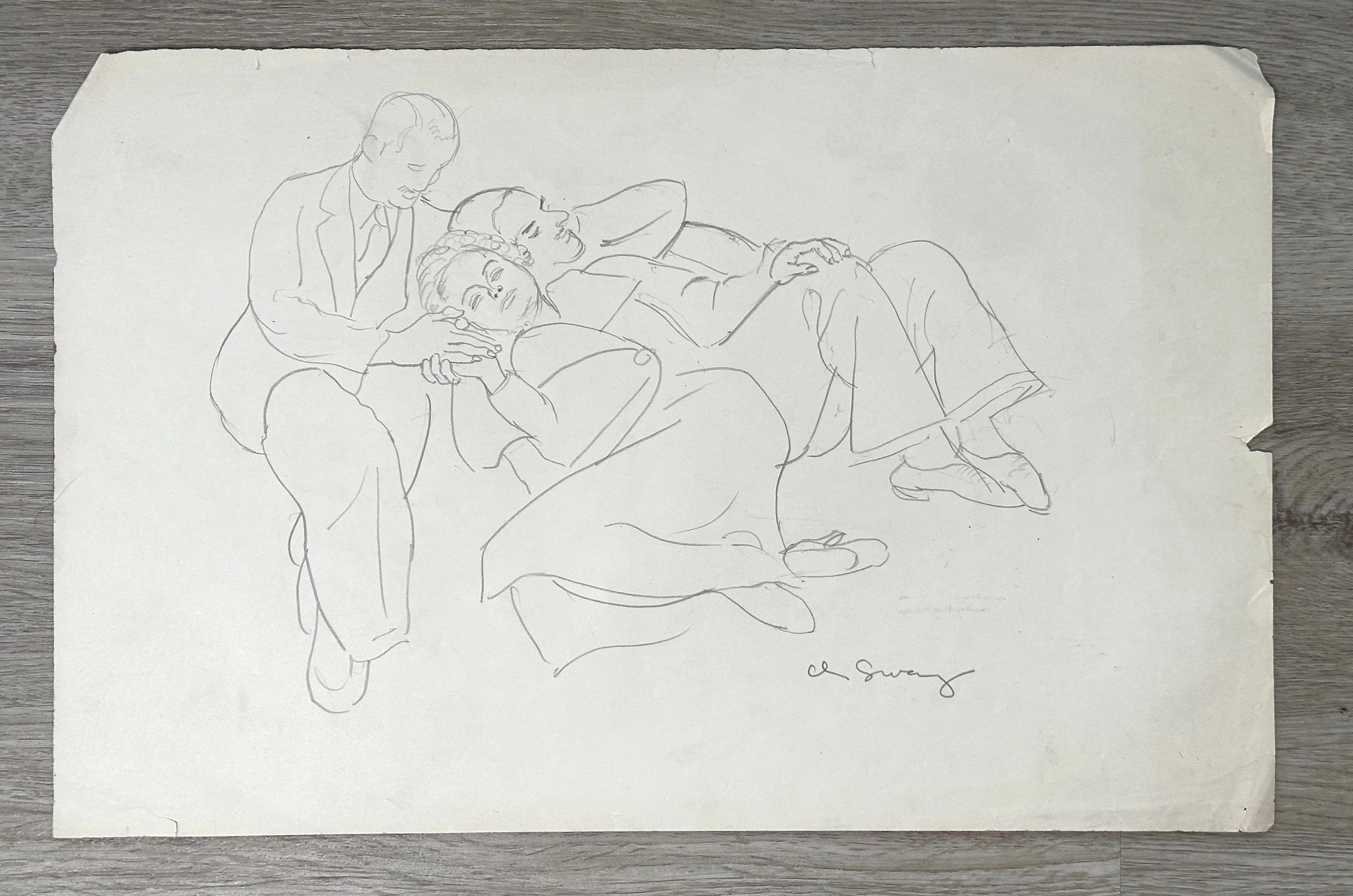 Albert Sway Portrait - Reclining Figures Art Deco Modernist ink drawing