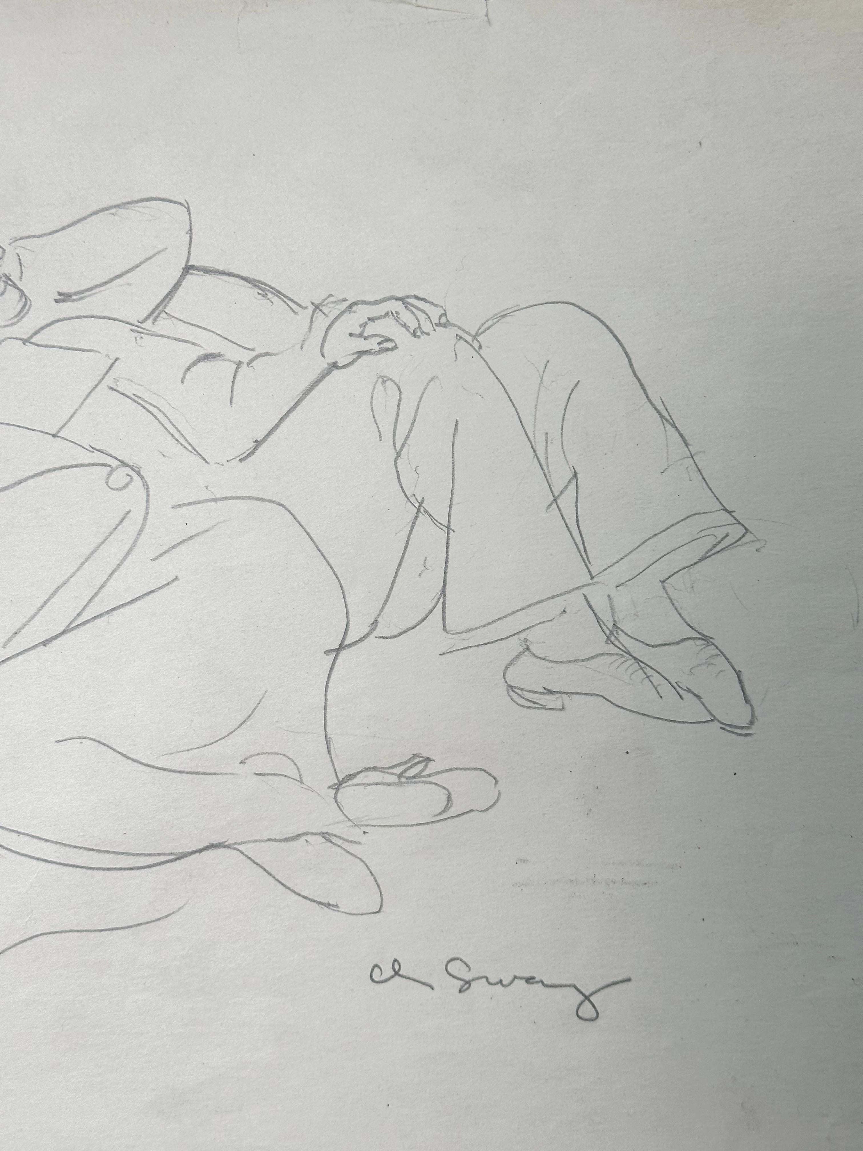 Beautiful original drawing by American artist, Albert Sway (b.1913). 

Portrait of a young people reclining, ca. 1935.  

Pencil on paper, measuring 11 x 17 inches. 

Signed lower right. Unframed.  

Birth place: Cincinnati, OH
Addresses: