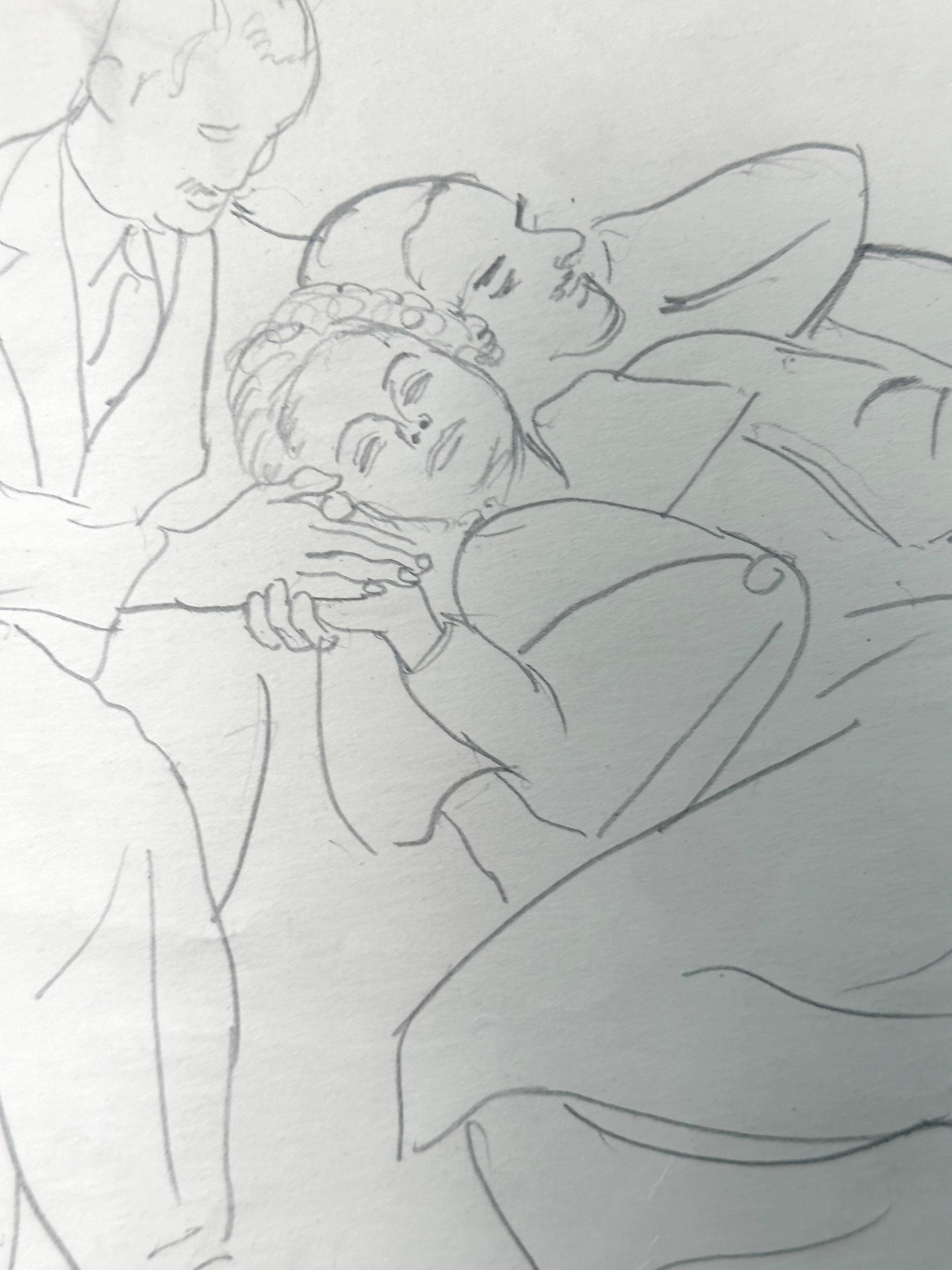 Reclining Figures Art Deco Modernist ink drawing - Gray Portrait by Albert Sway
