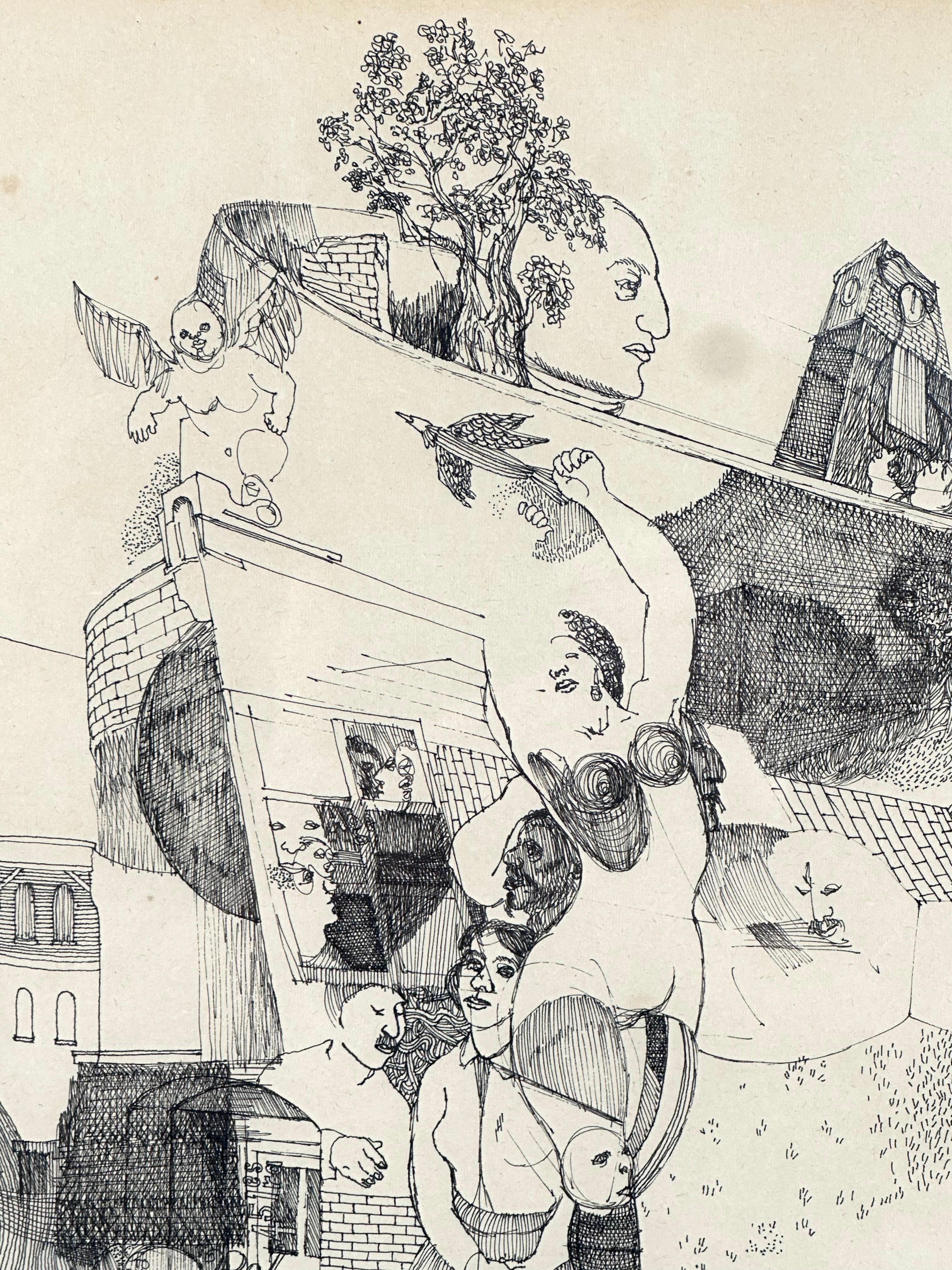 Dibujo surrealista proto-Afropunk del artista afroamericano Roland Ayers (1932-2014). 

Amsterdam, 1967.

Tinta sobre papel, 9,5 × 12,5 pulgadas; 16 × 19 pulgadas enmarcado.

Firmado y fechado, abajo a la derecha.

Expuesto: Museo de Arte Woodmere,
