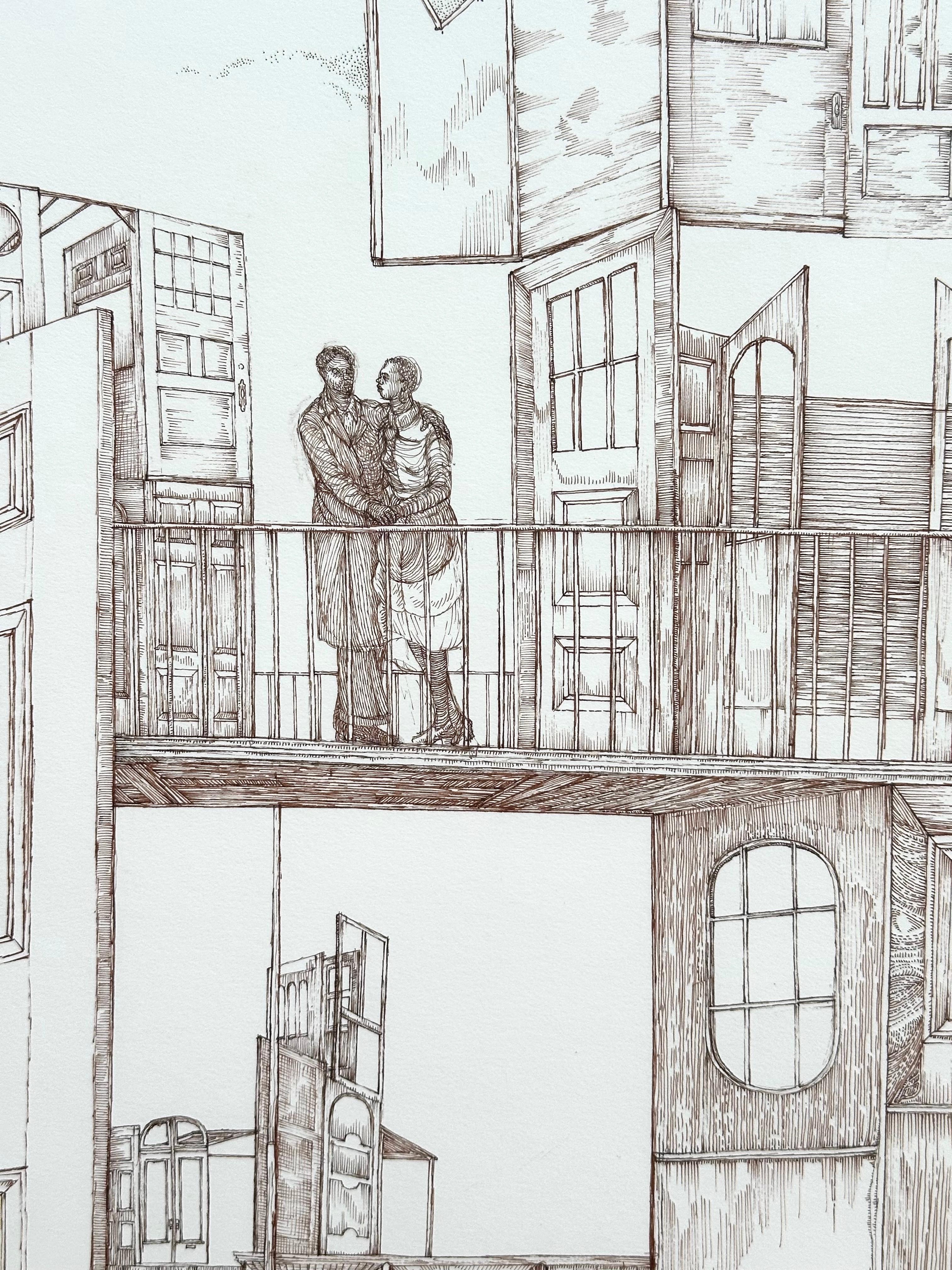 Zeit beherbergt Erinnerungen: Doors (Surrealistischer schwarzer Künstler aus Philadelphia) (Schwarz), Figurative Art, von Roland Ayers
