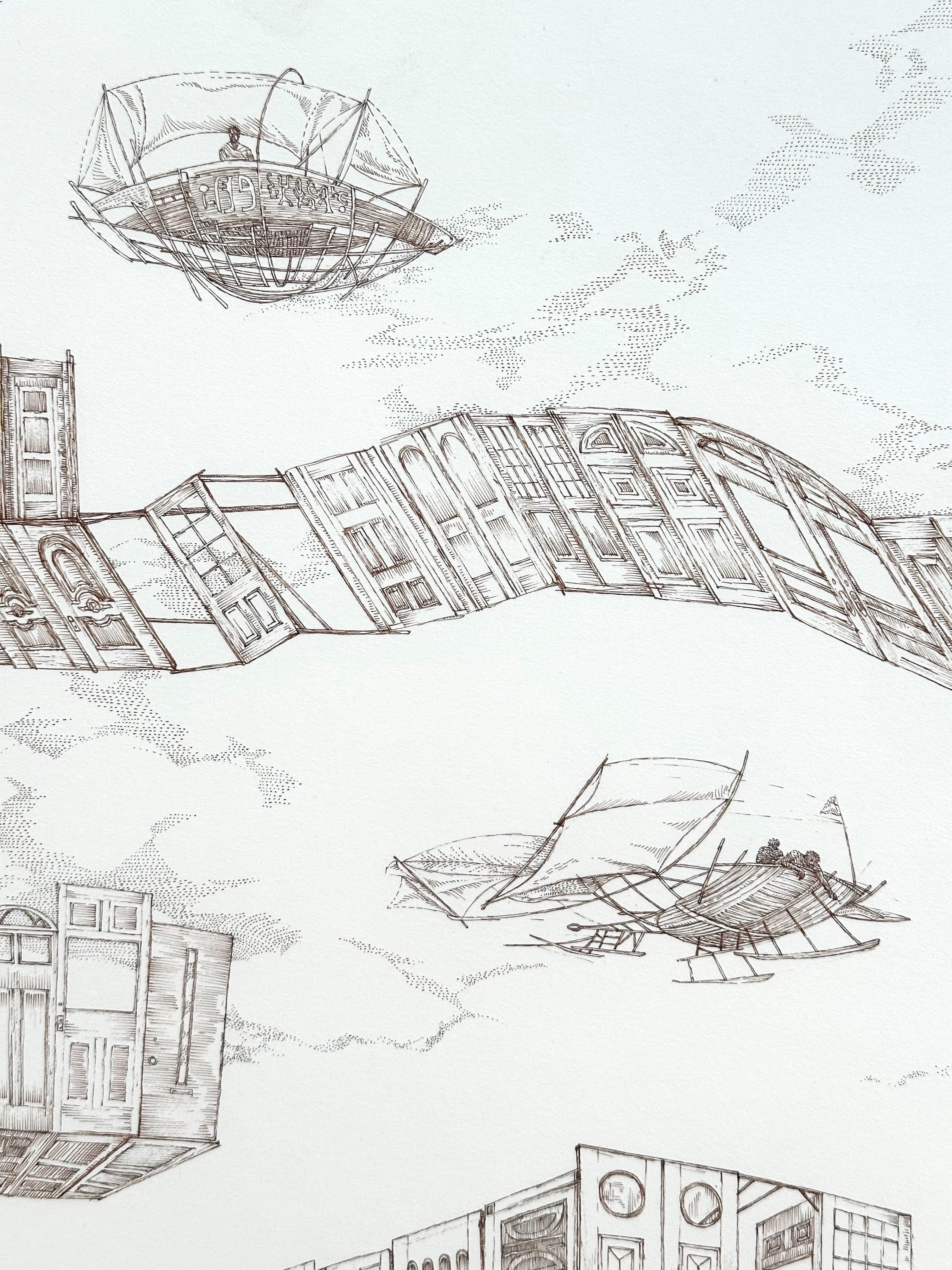Roland Ayers (1932-2014). 

Zeit birgt Erinnerungen: Türen, 1975

Tinte auf Papier, 23 × 29 Zoll. Maße: 29 × 35 Zoll in säurefreiem Passepartout.

Unterzeichnet und datiert.

Ausgestellt: Woodmere Kunstmuseum, 1967

Geschichte der Ausstellung: