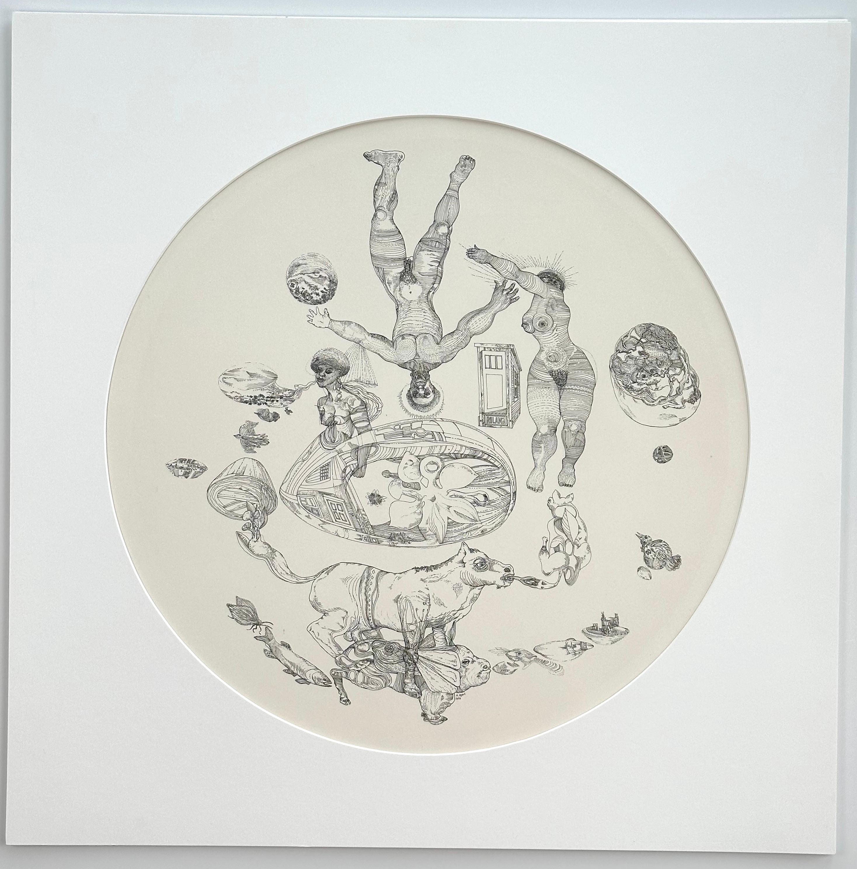 Roland Ayers (1932-2014). 

Astrologique, 1970

Encre sur papier, 20,5 pouces de diamètre. Mesurant 26 × 26 pouces dans un passe-partout sans acide avec une fenêtre à découpe circulaire.

Signé et daté. 

Histoire de l'exposition : Roland Ayers :