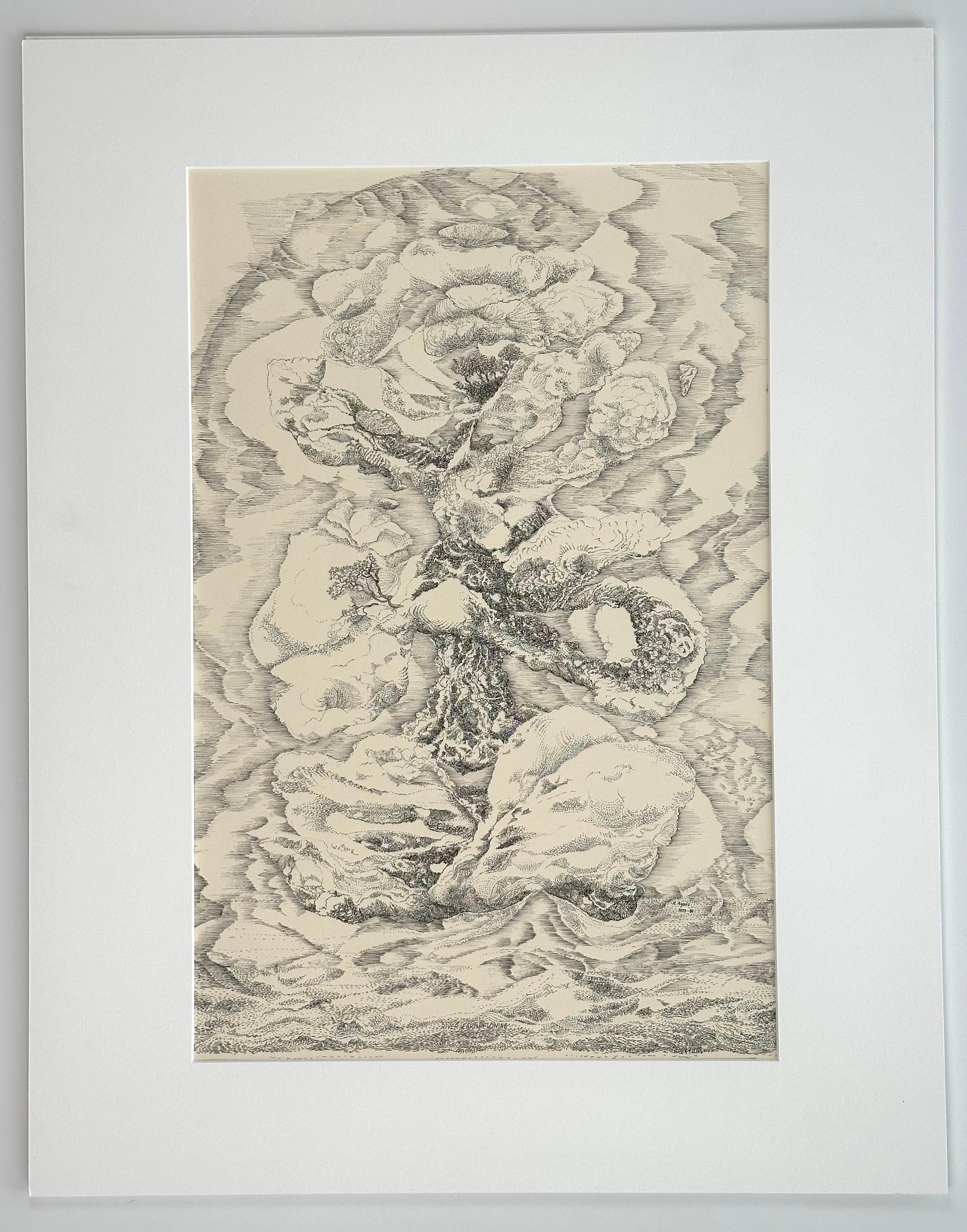 Roland Ayers (1932-2014). 

Earth River Flowing, 1979-86.

Ink on paper, 22 ¾ x 15 7/8 inches; measuring 22 × 28 inches in matting. 

Signed and dated.

Exhibition History: Roland Ayers: Calligraphy of Dreams, Woodmere Art Museum, 07/10/2021 -
