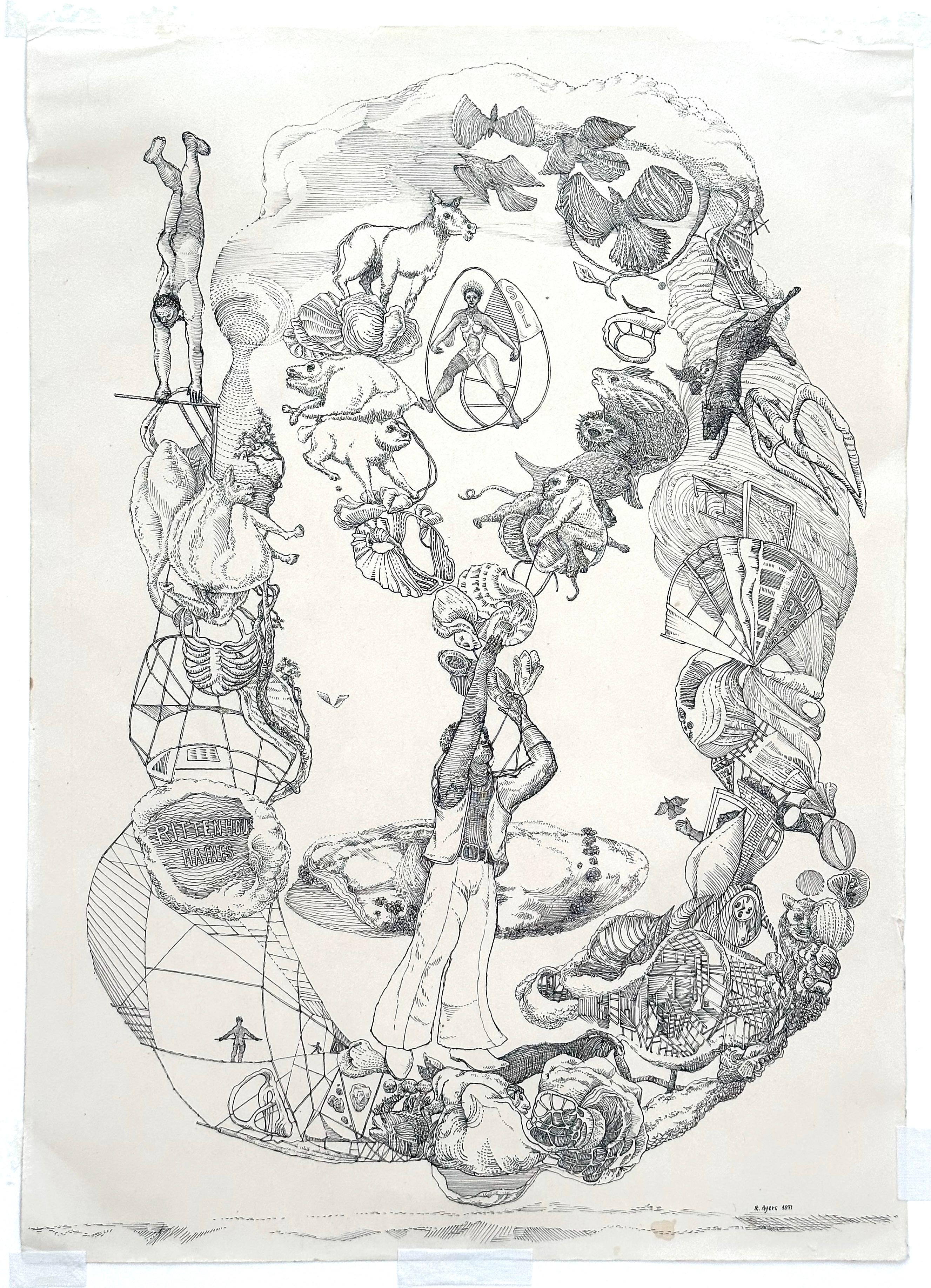 Roland Ayers Abstract Drawing – Aerial Circus Series (Ed Henderson), (schwarzer surrealistischer Künstler aus Philadelphia)