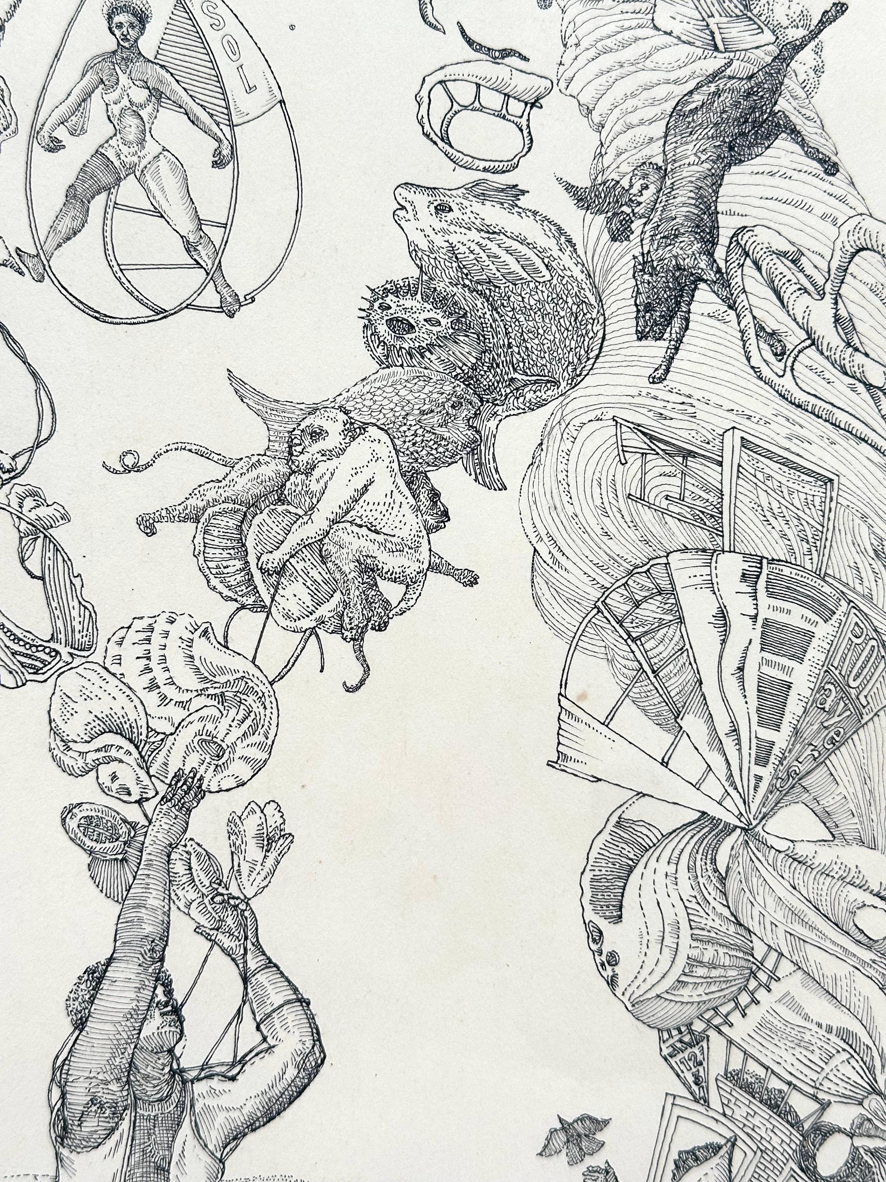 Aerial Circus Series (Ed Henderson), (schwarzer surrealistischer Künstler aus Philadelphia) (Grau), Abstract Drawing, von Roland Ayers