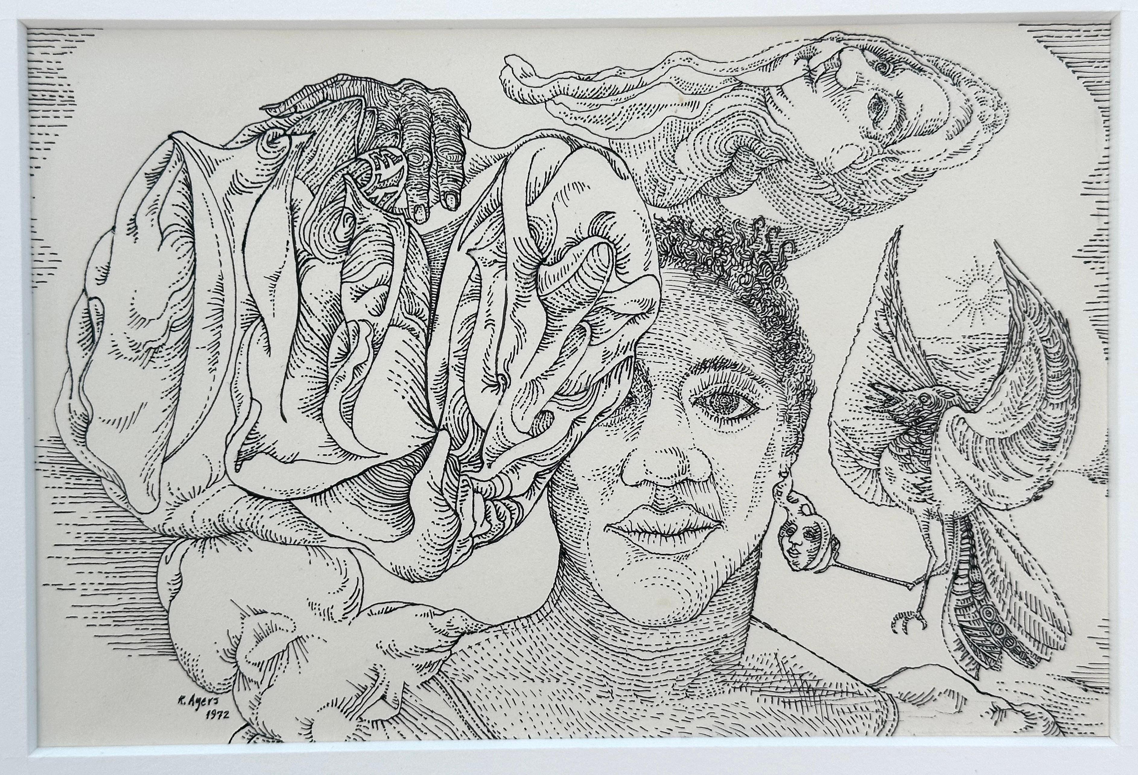 Figurative Art Roland Ayers - L'oiseau me l'a dit  (Artiste surréaliste noir de Philadelphie)