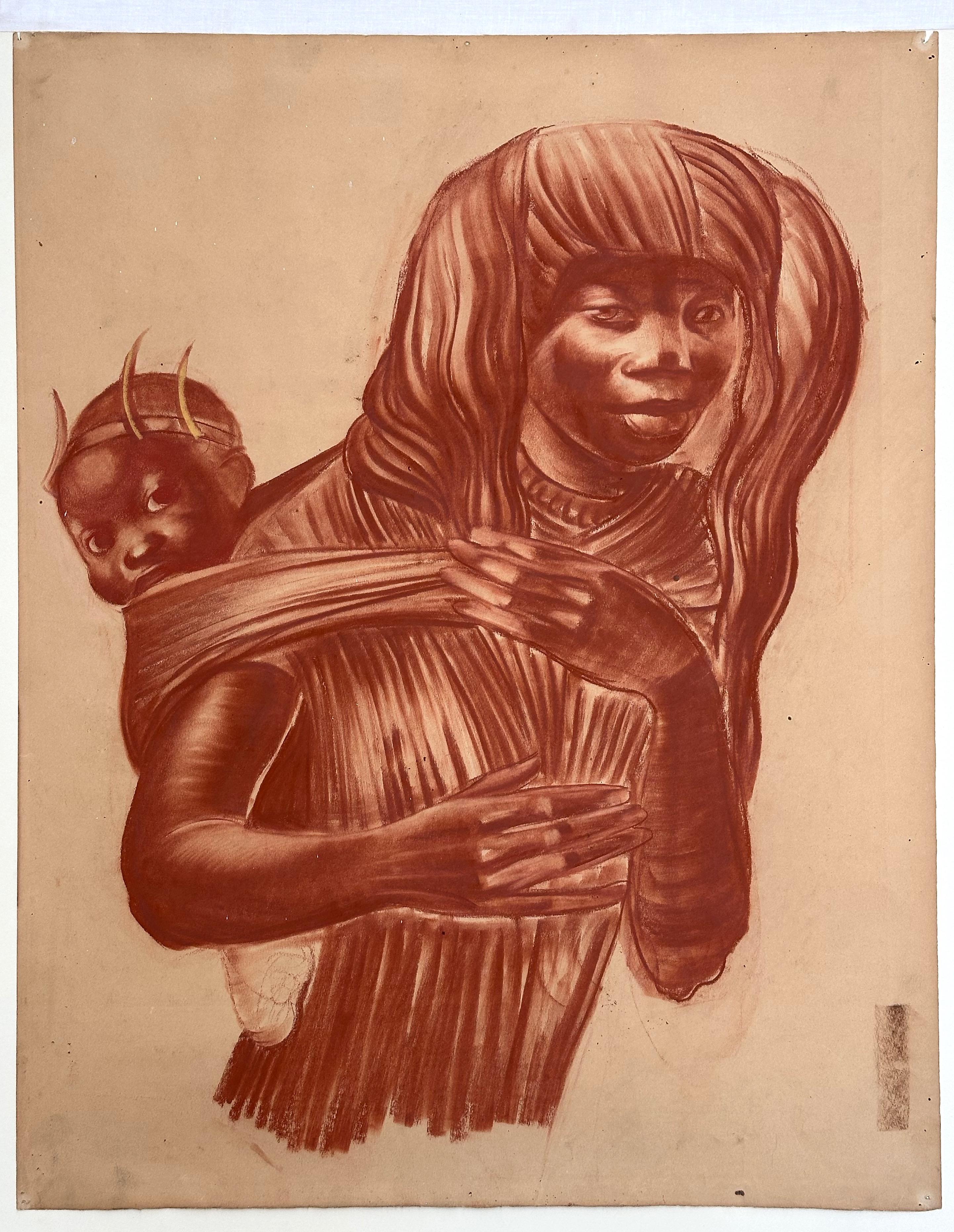 Mother and Child Native American 1939 Indian Portrait Drawing