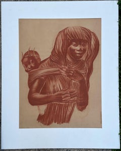 Mother and Child Native American 1939 Indian Portrait Drawing