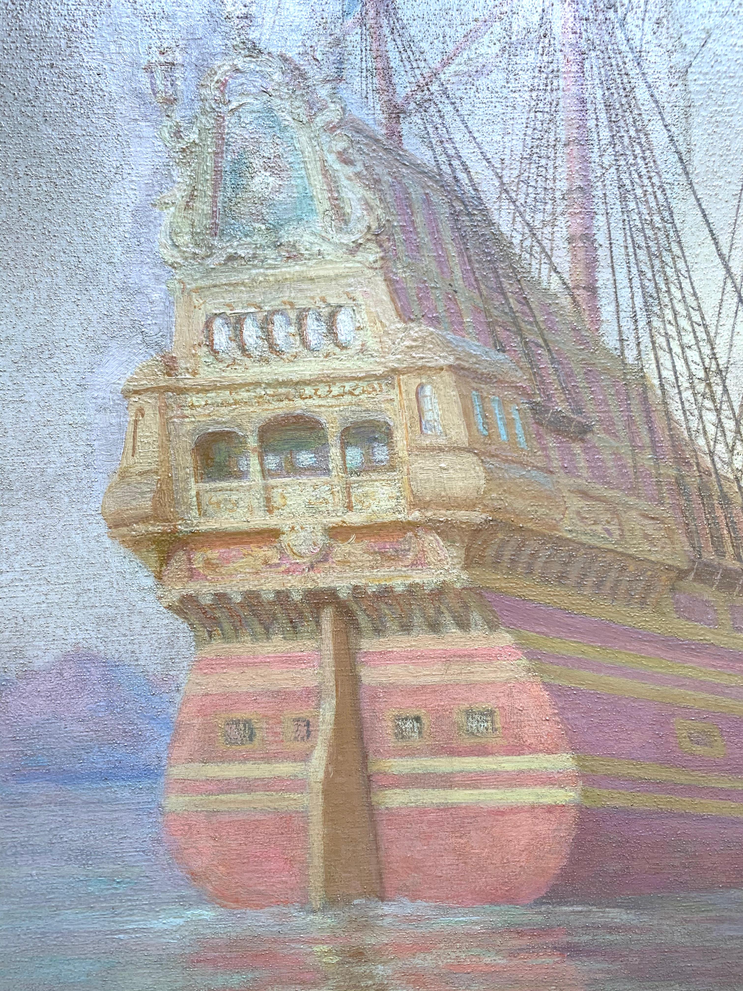 Beautiful impressionist maritime painting by American artist, Charles E. Mills (1856-1956). Spanish Galleon, 1925. Oil and sand on canvas, 36.5 x 41.25 inches. Frame measures 38.5 x 45.25 inches. Signed and dated lower right. Excellent condition