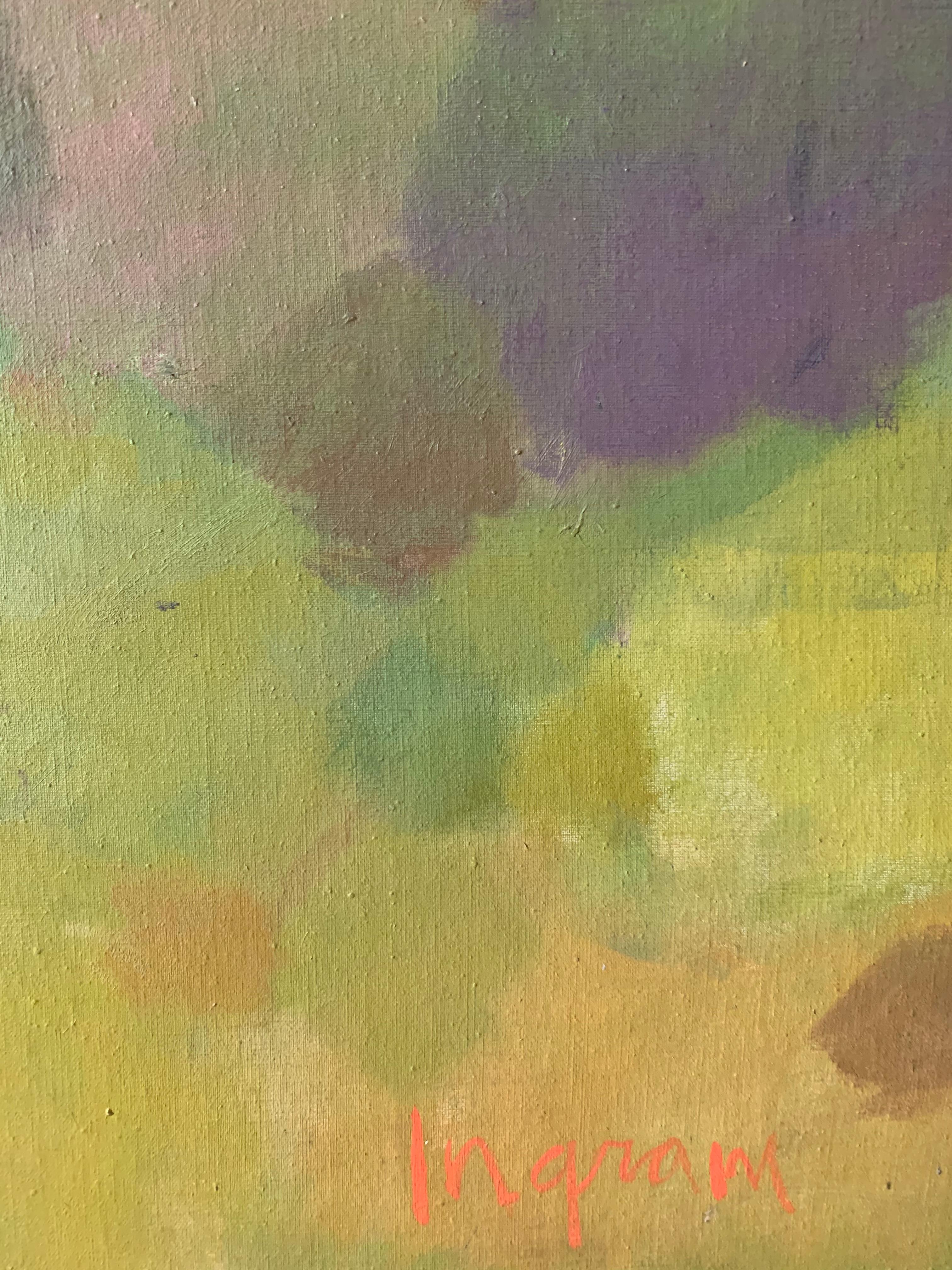 Beautiful abstract landscape by American artist, Judith Ingram (1926-2012). Landscape, ca. late 1960s. . Oil on canvas laid down to masonite panel, measures 29 x 52.5 inches; 30.5 x 54 inches framed. Frame is custom, gilt edge solid mahogany. 