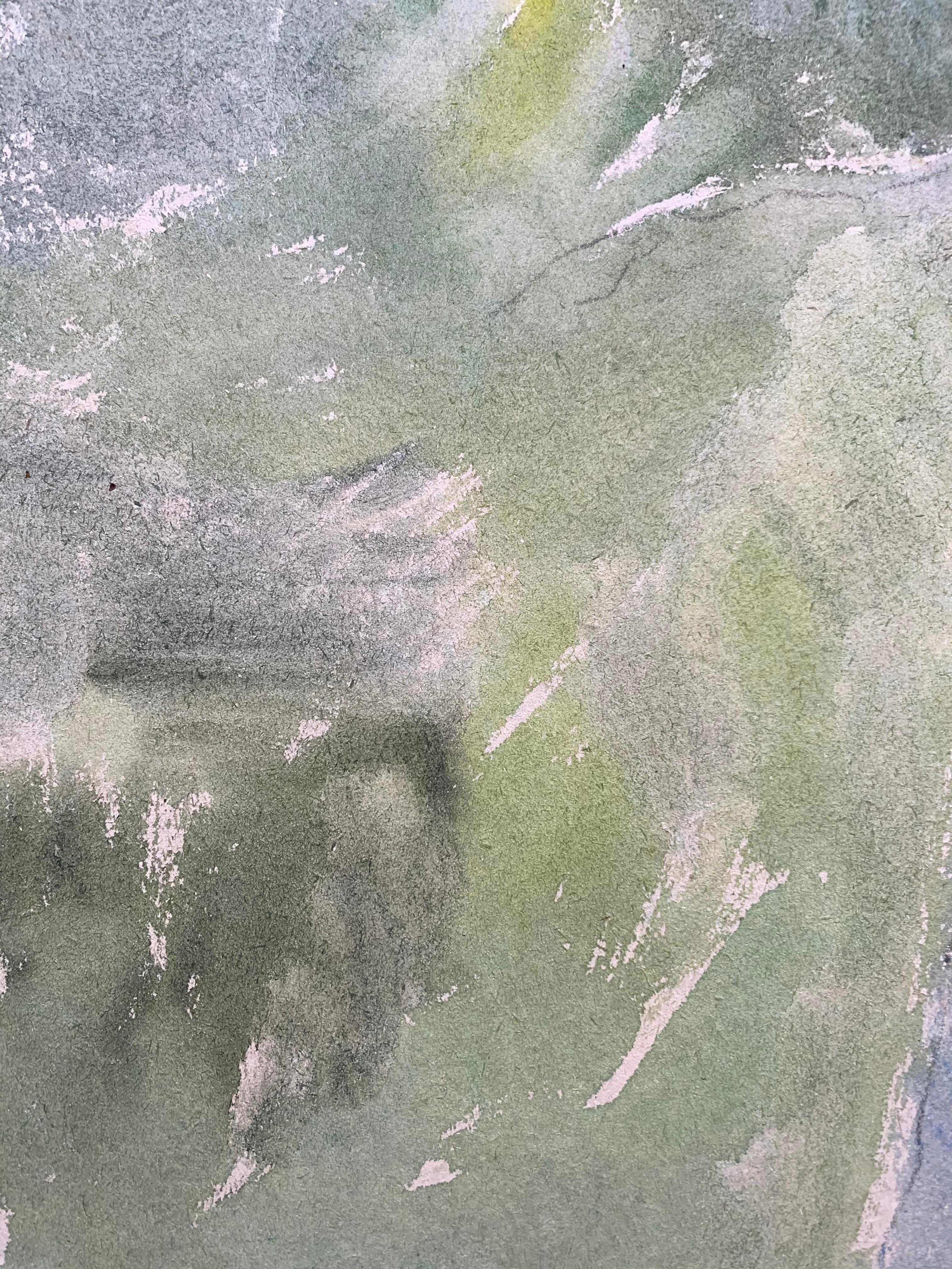 Yuri Larin (1936-2014). Paesaggio, 1986. Acquerello su carta, 16,5 x 17 pollici. Montato su un foglio di cartone di 24 x 28 pollici. Firmato e datato in basso a sinistra. Condizioni eccellenti. L'immagine è dipinta sul lato posteriore di un foglio