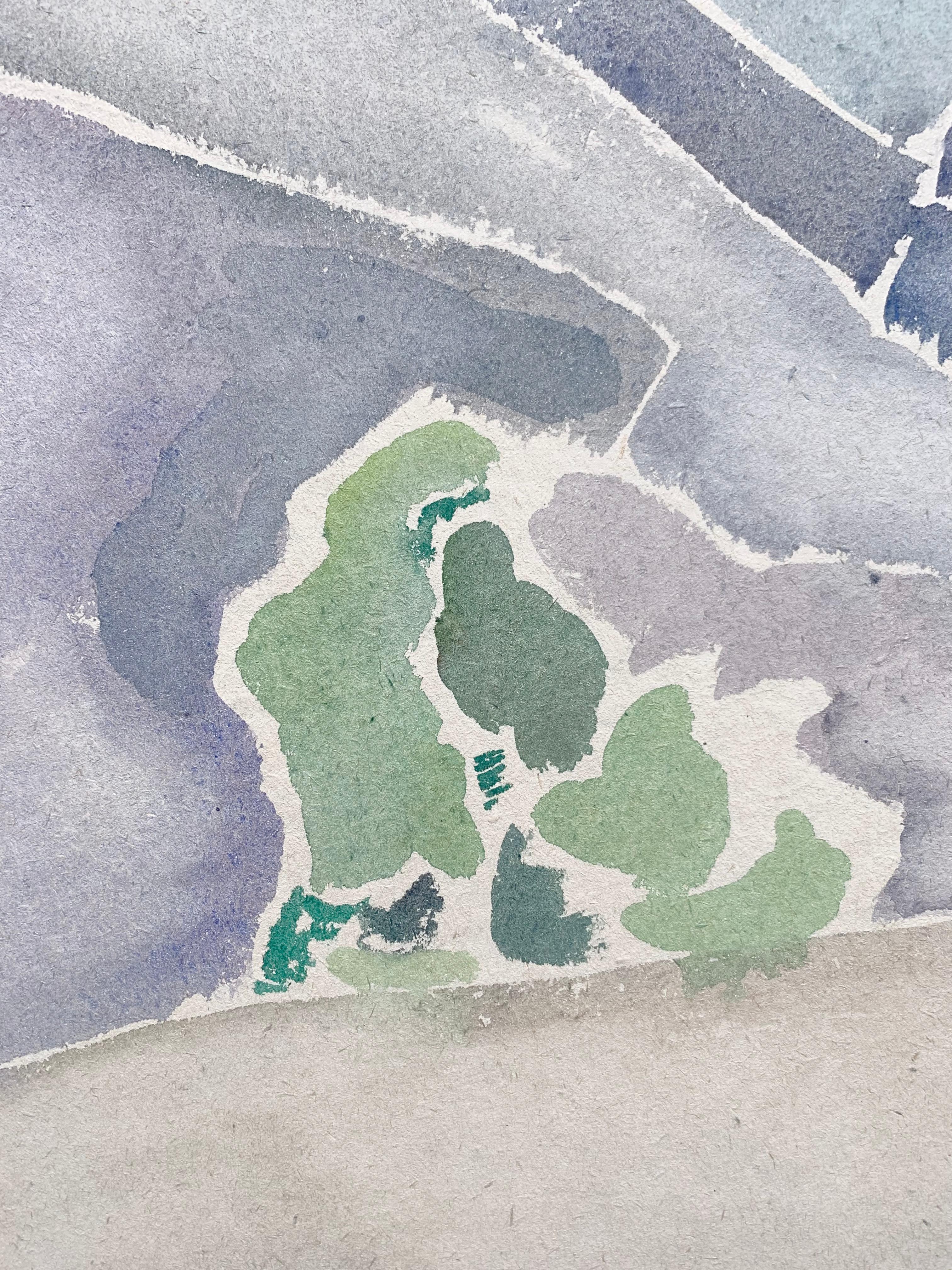 Yuri Larin (1936-2014). Paisaje, 1983. Acuarela sobre papel, 16,25 x 17,25 pulgadas. Montado en una hoja de cartón de 24 x 28 pulgadas. Firmado y fechado abajo a la izquierda. Excelente estado. La imagen está pintada en el reverso de una hoja de
