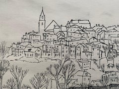 Cincinnati Ohio cityscape drawing Mt. Adams WPA era