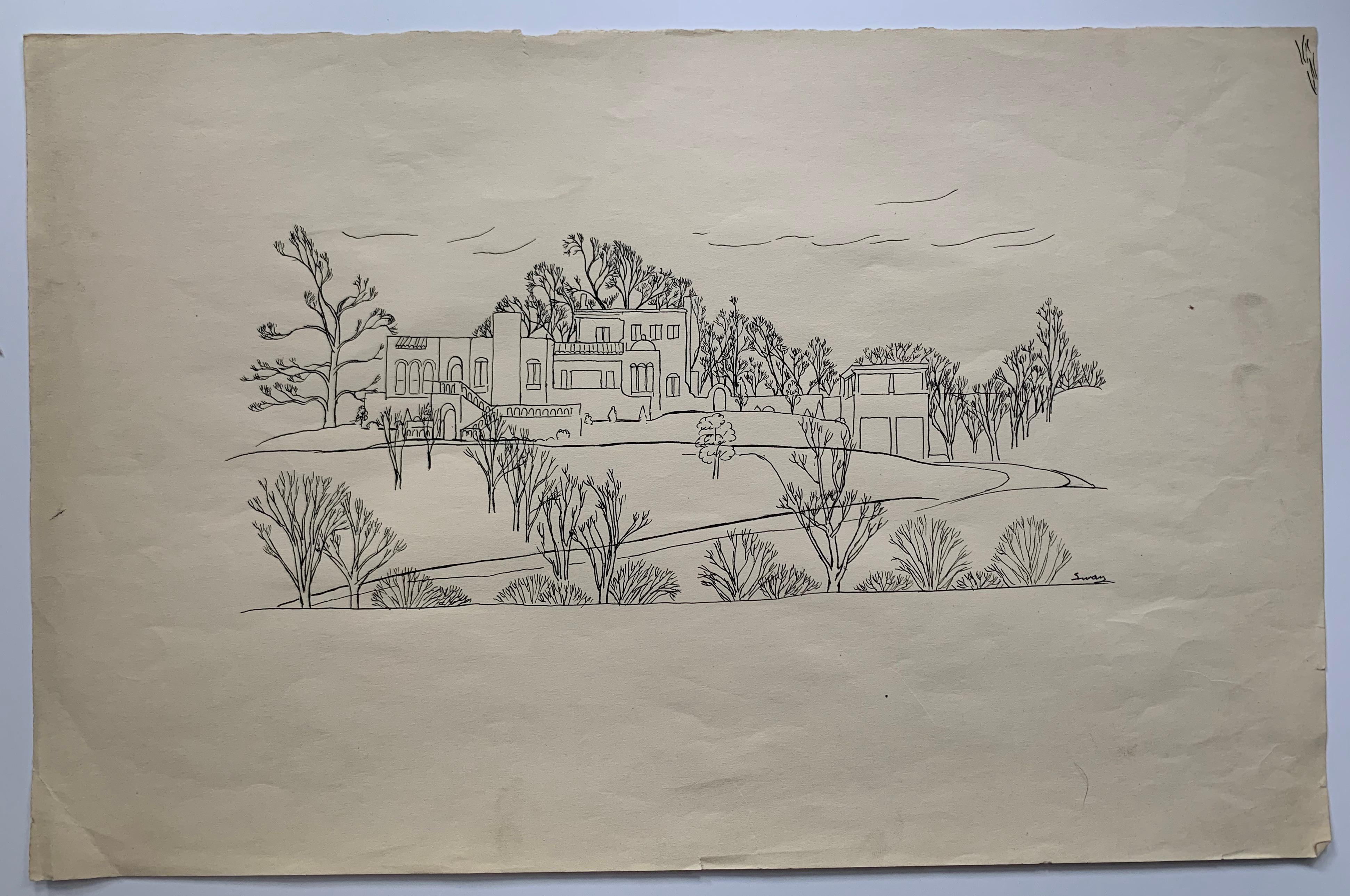 Albert Sway Landscape Art - Cincinnati Ohio cityscape drawing WPA era 