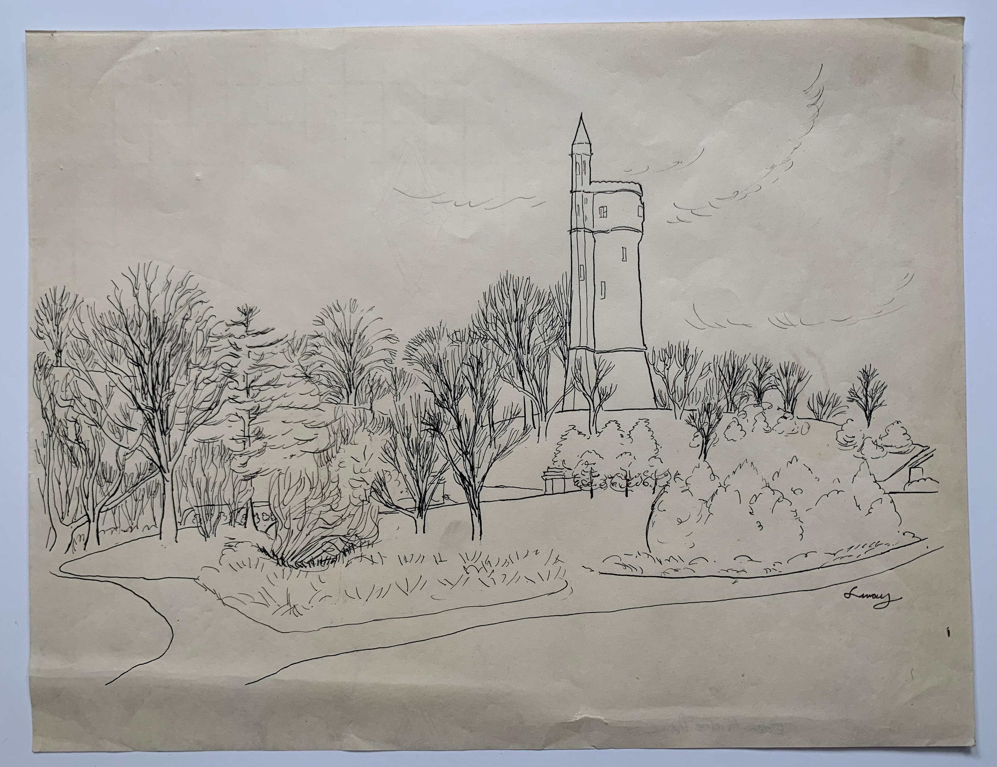 Albert Sway Landscape Art - Cincinnati Ohio cityscape drawing WPA era Eden Parks Drive