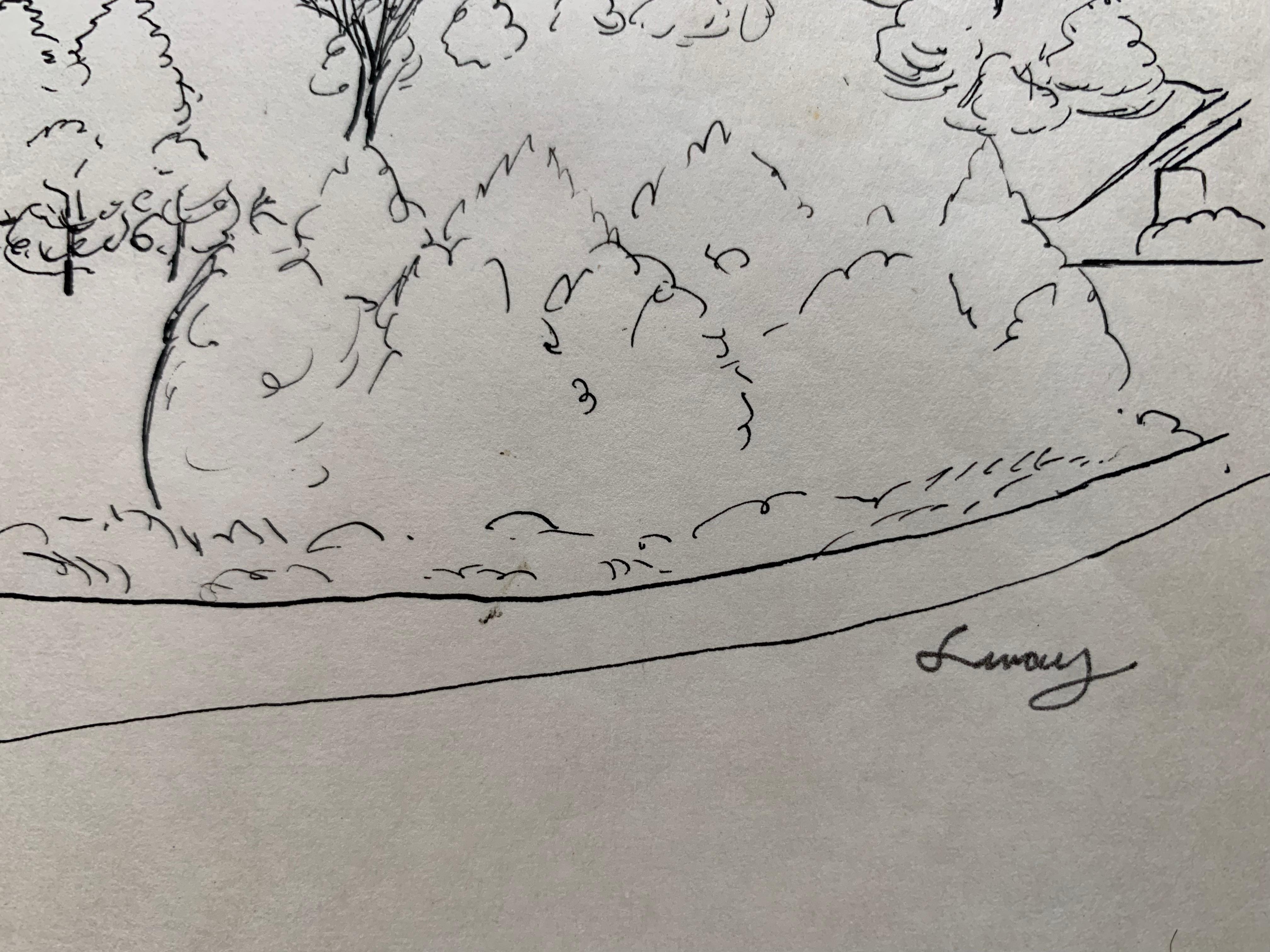 dessin de paysage urbain de Cincinnati Ohio de l'époque WPA, Eden Parks Drive - Réalisme américain Art par Albert Sway