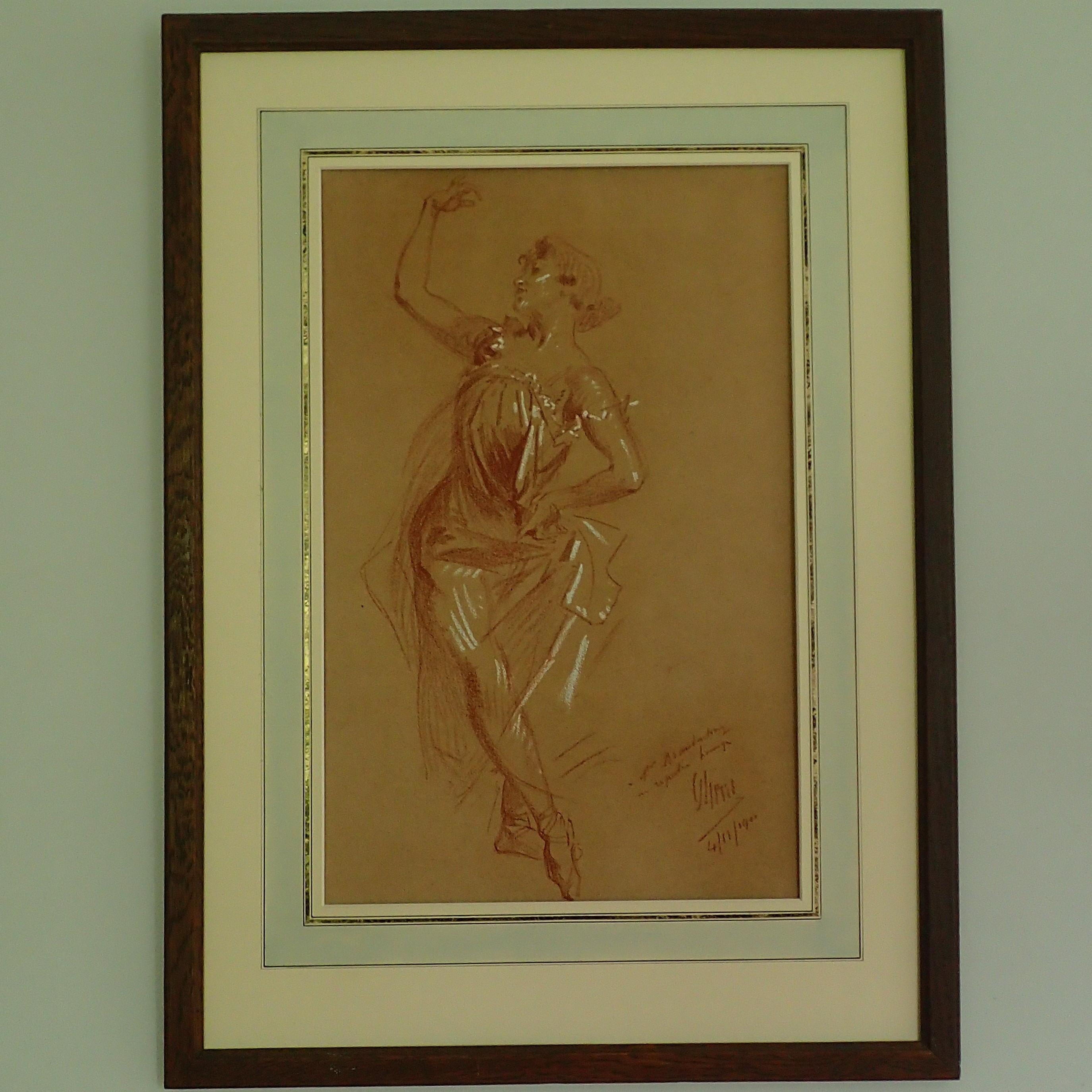 Portrait Artist Mother 1899 Conte crayon lined For sale as Framed