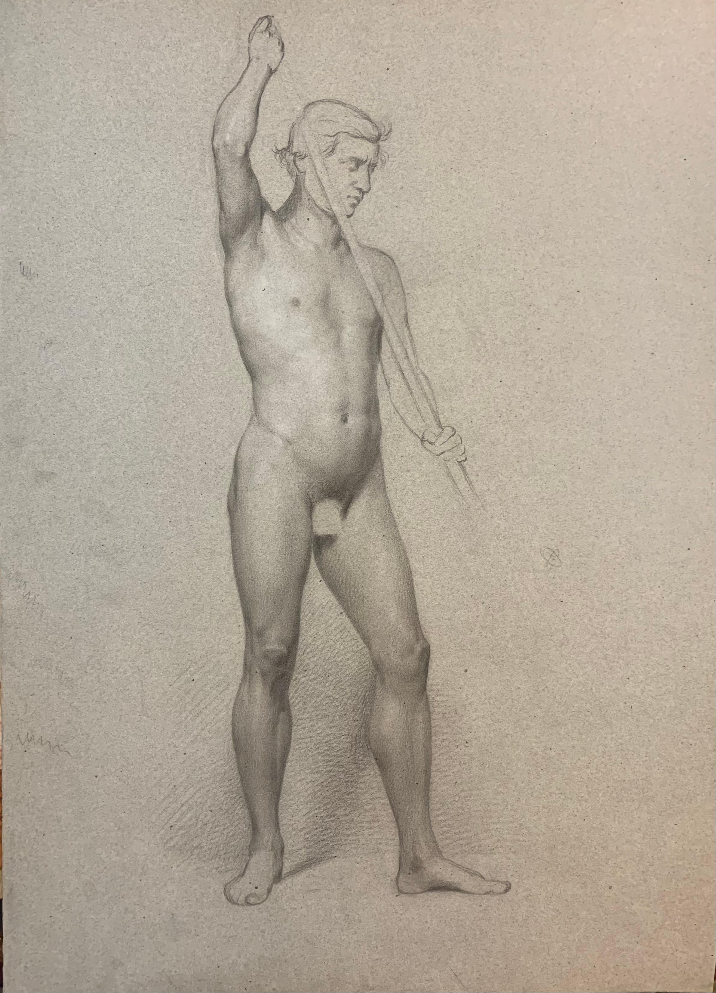 Accademic Study of Male Nude Soldier with Spear.  XIX Century - Art by Unknown