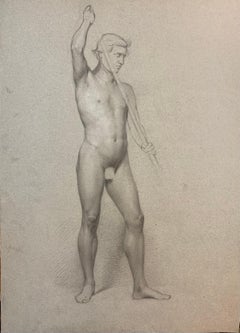 Étude académique d'un soldat masculin nu avec une lance.  XIXème siècle