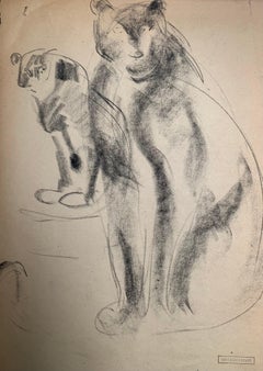 Antique Drawing of feline animals by French artist Gustave GUETANT (1873-1953)