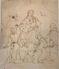 Antique XVII/XVIII century drawing. Madonna with child, St. Francis, St. Antony of Padua