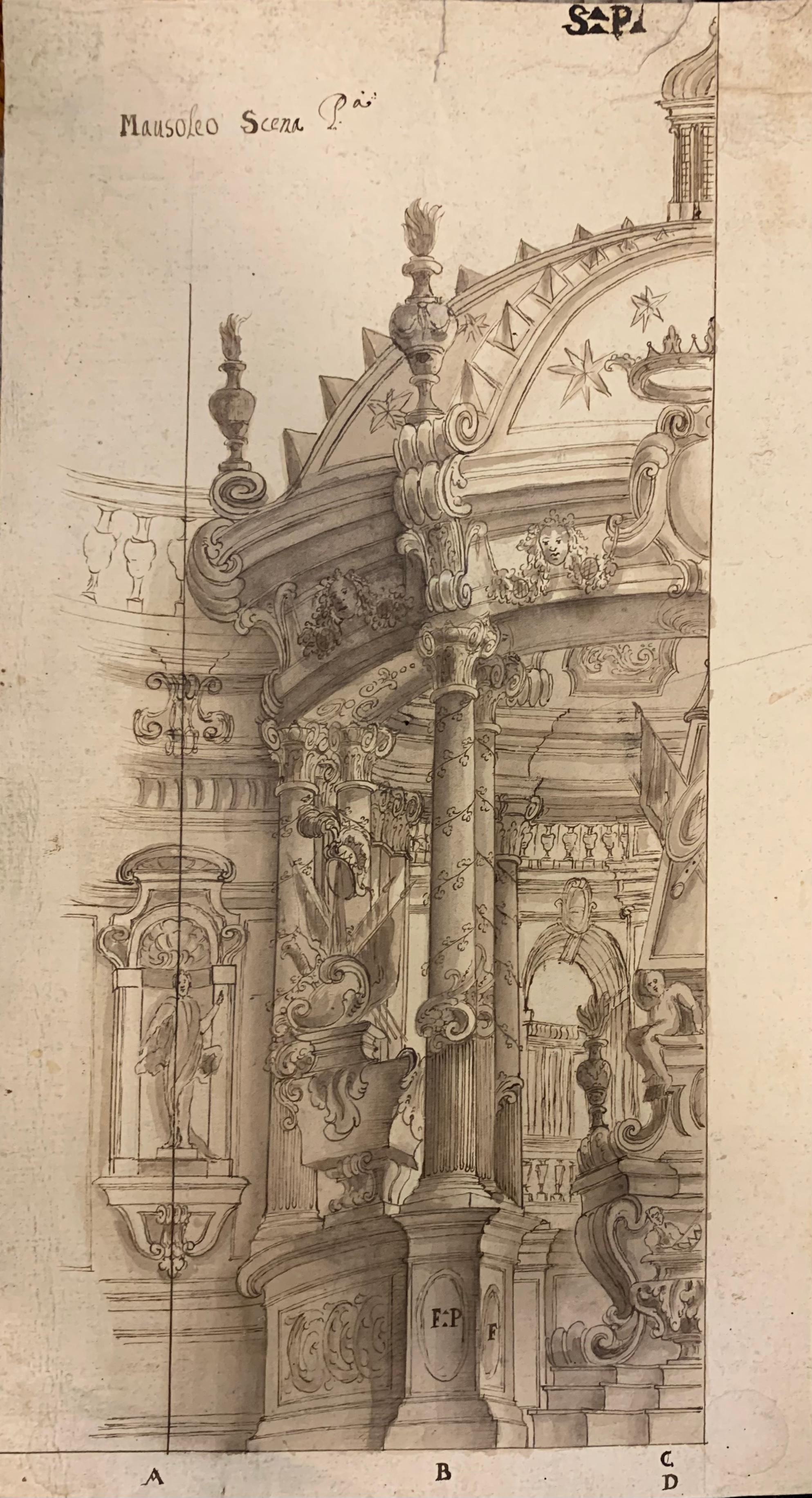 Ferdinando Galli Bibbiena Interior Art – Bühnenbild des Mausoleums. Entourage Galli Bibbiena.