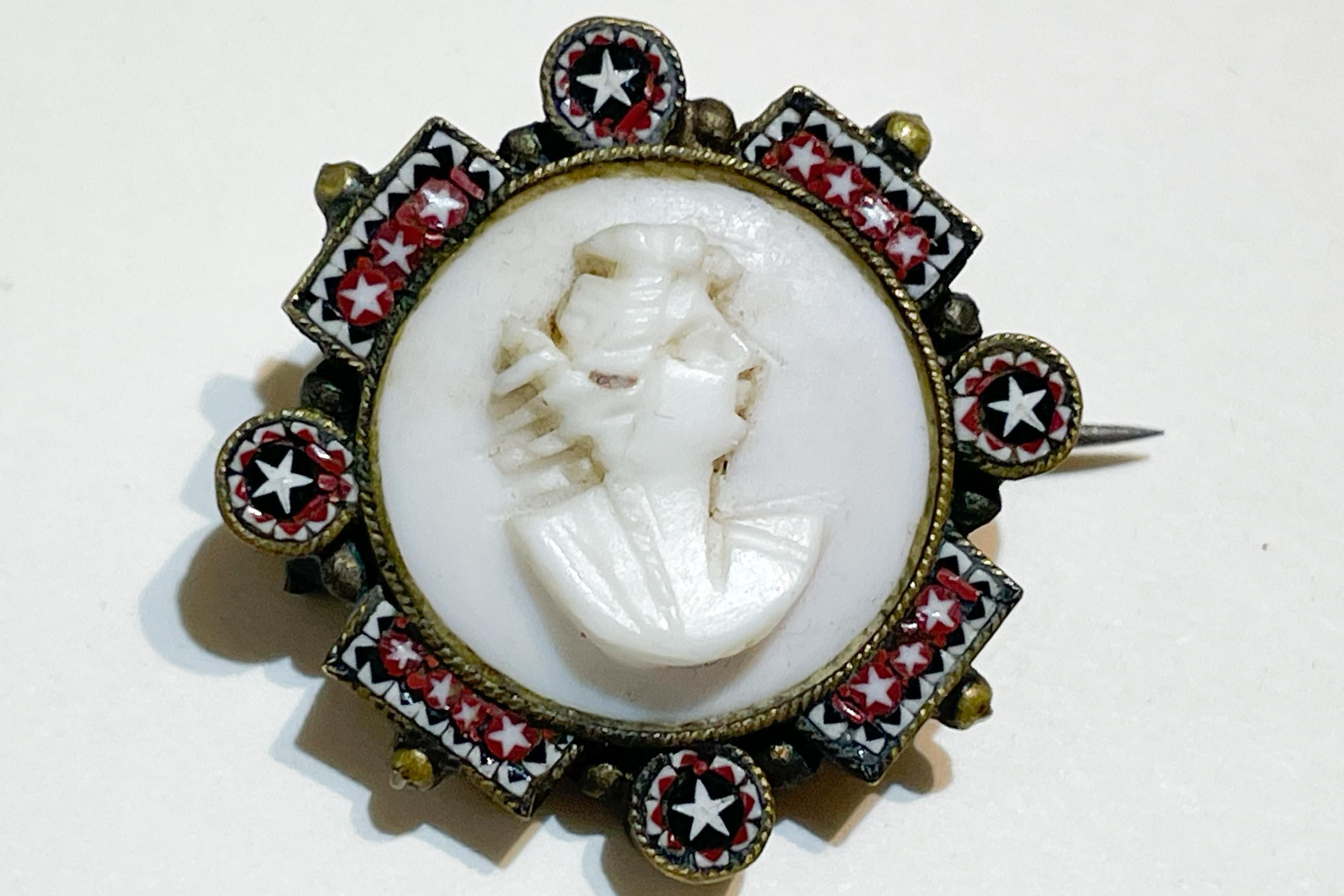Micromosaic and Pink Shell Cameo Brooch.Early XX century. Signed F.A.P. Florence