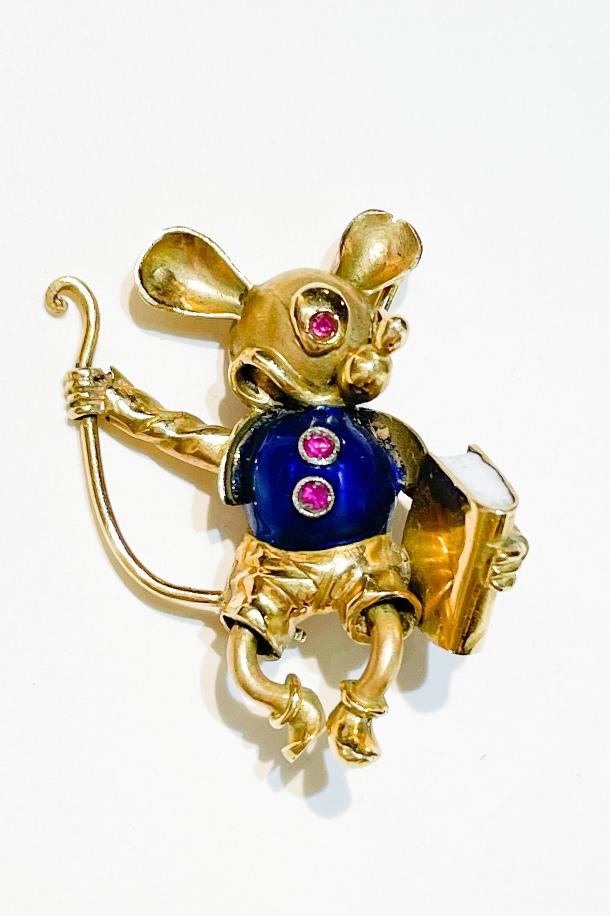 Mickey or Micky Mouse Brooch in 18 carat Yellow Gold and Enamels.