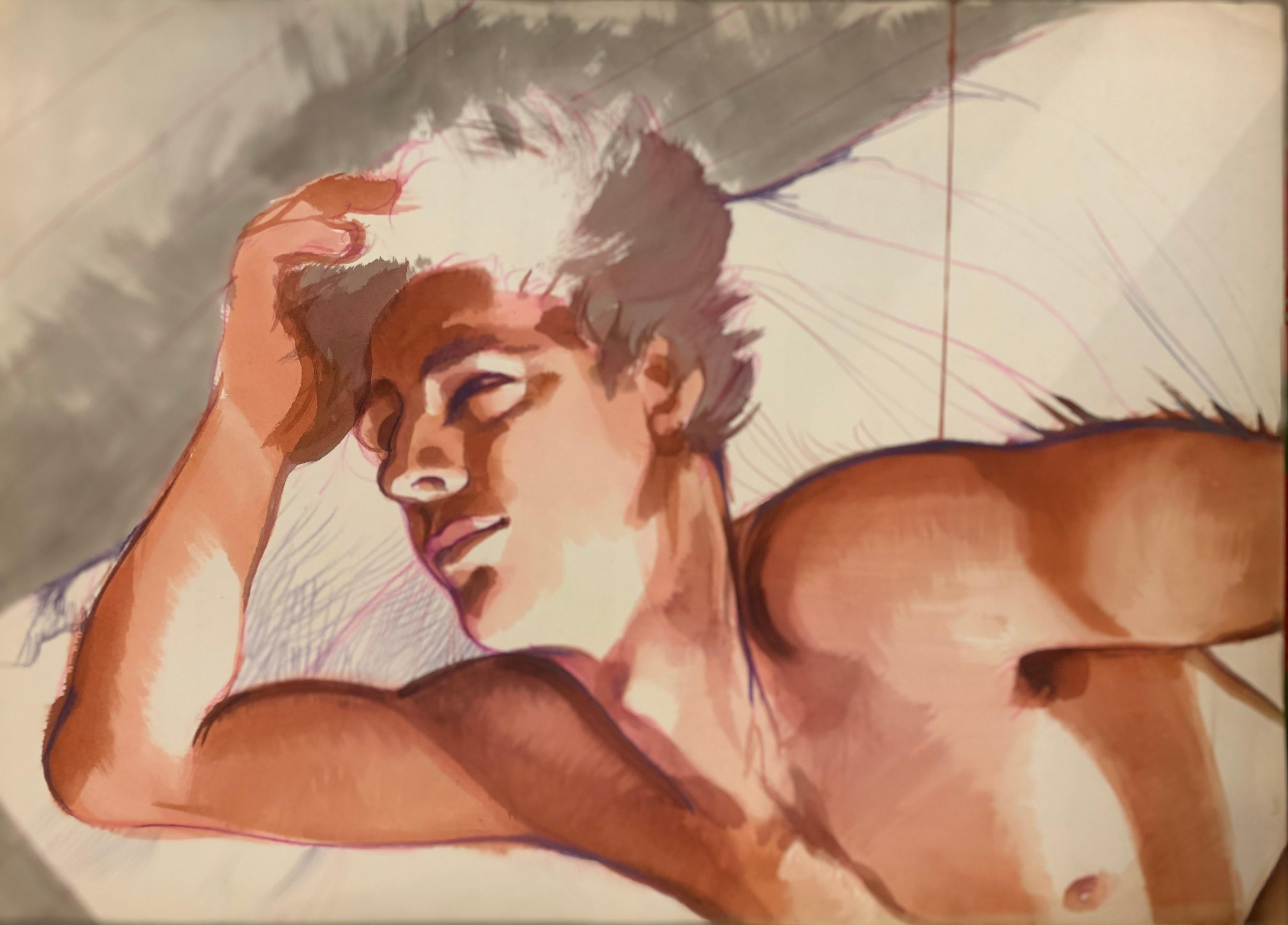 Silombria Marco Figurative Art - After waking up. Daydreaming. Large graphic painting of young male nude. 