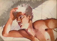 Vintage After waking up. Daydreaming. Large graphic painting of young male nude. 