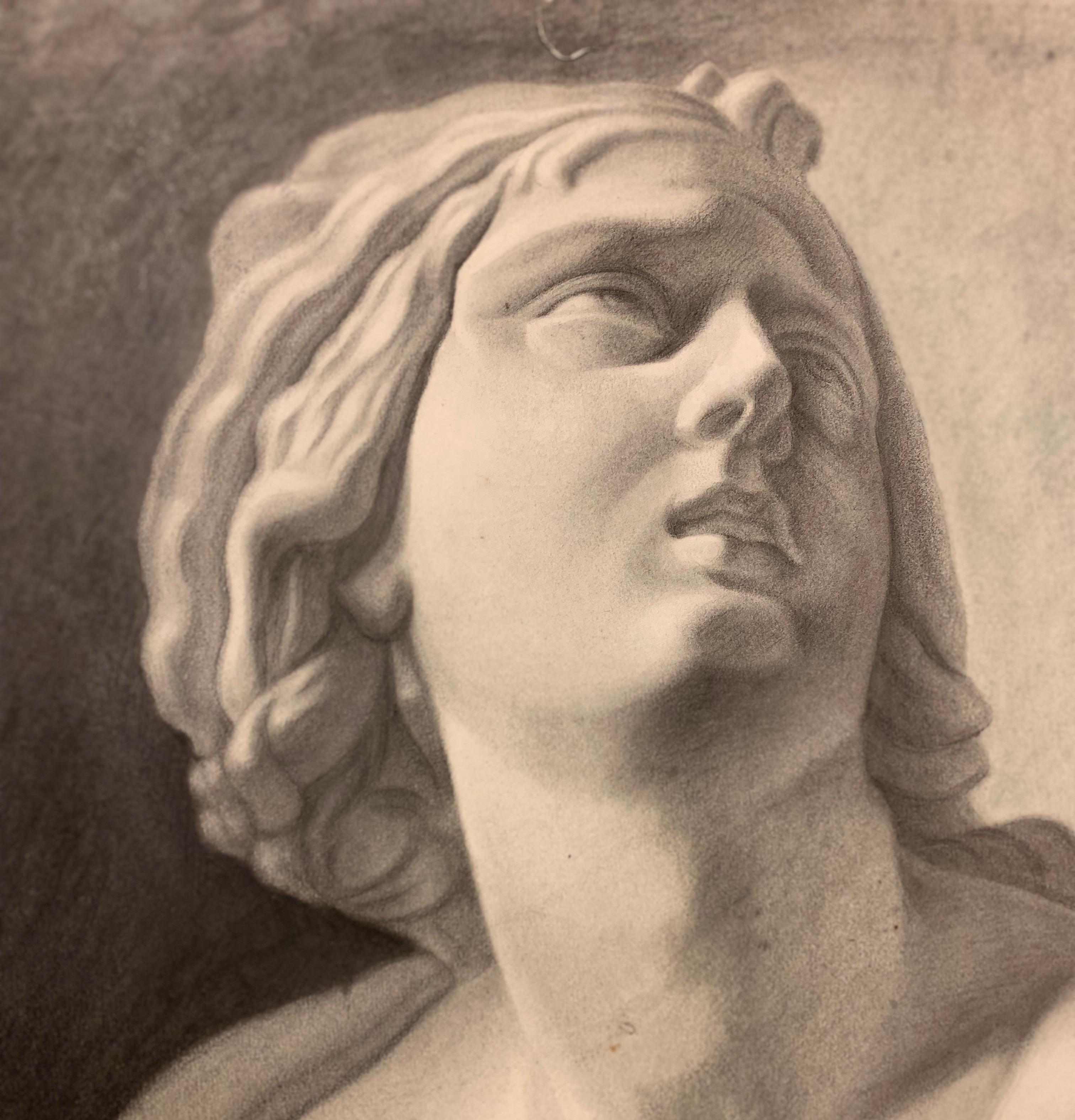 Academic drawing of classical bust sculpture. 19th century For Sale 1