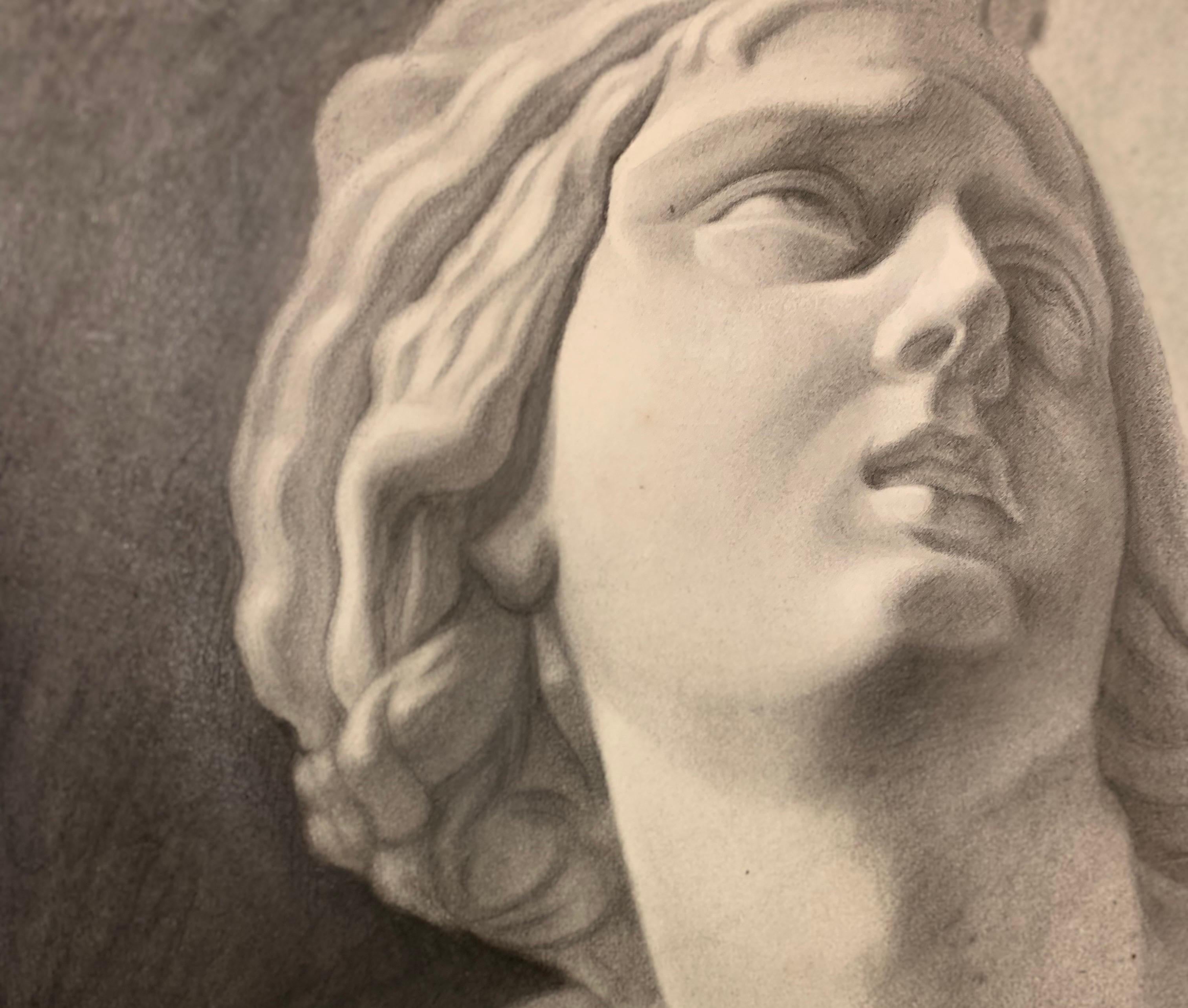 Academic drawing of classical bust sculpture. 19th century For Sale 2