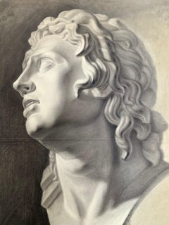 Grande pièce du XIXe siècle. Dessin académique du buste d'Alexander The Great des Offices. 