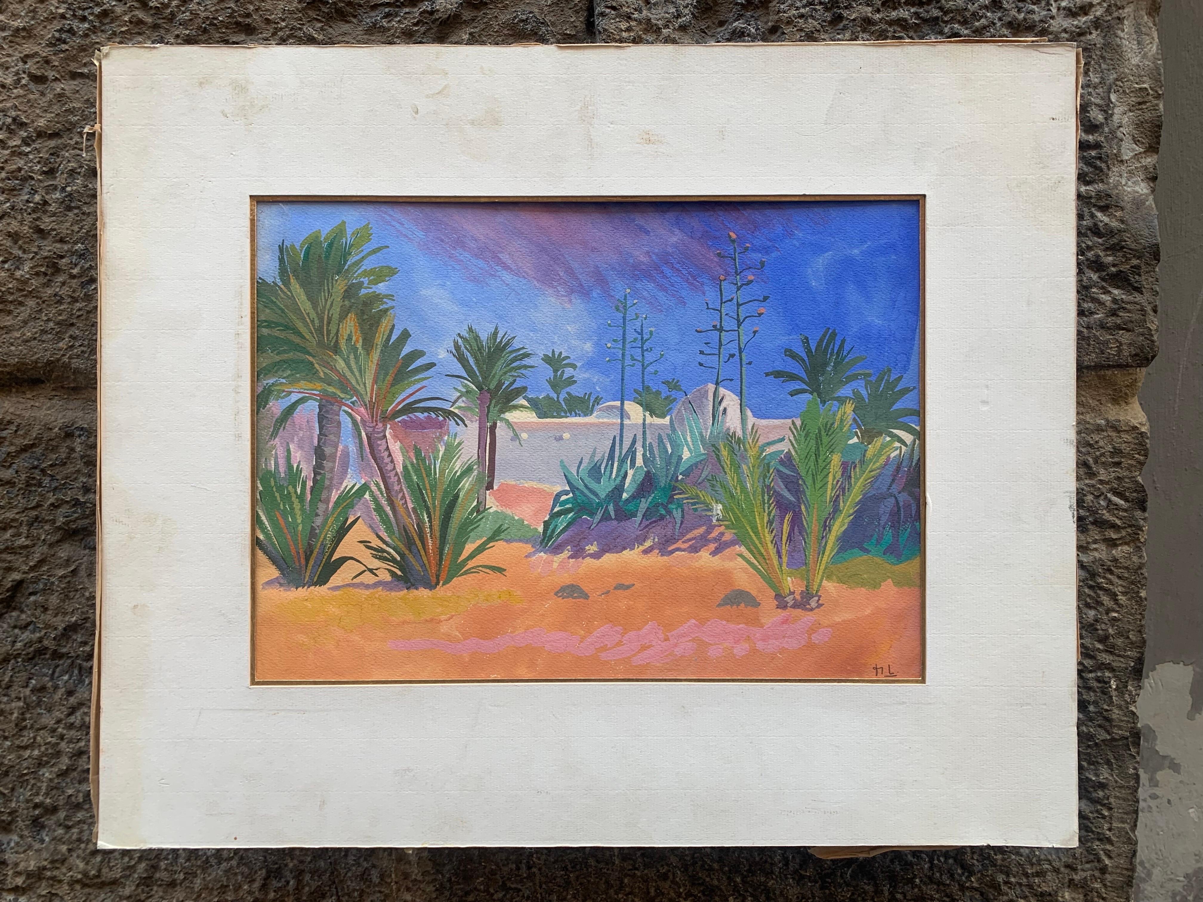 Paisaje fauve con palmeras y casas árabes.
1 mitad del siglo XX.
Pinturas gouache sobre cartón.
El cuadro está firmado con un monograma.
Dimensiones con Passepartout 45,5 cm x 37cm
Dimensiones sin Passepartout 32cm x 23cm
Un paisaje representa una
