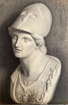 19th Century Academic Drawing: Charcoal Study of Pallas Athena Bust