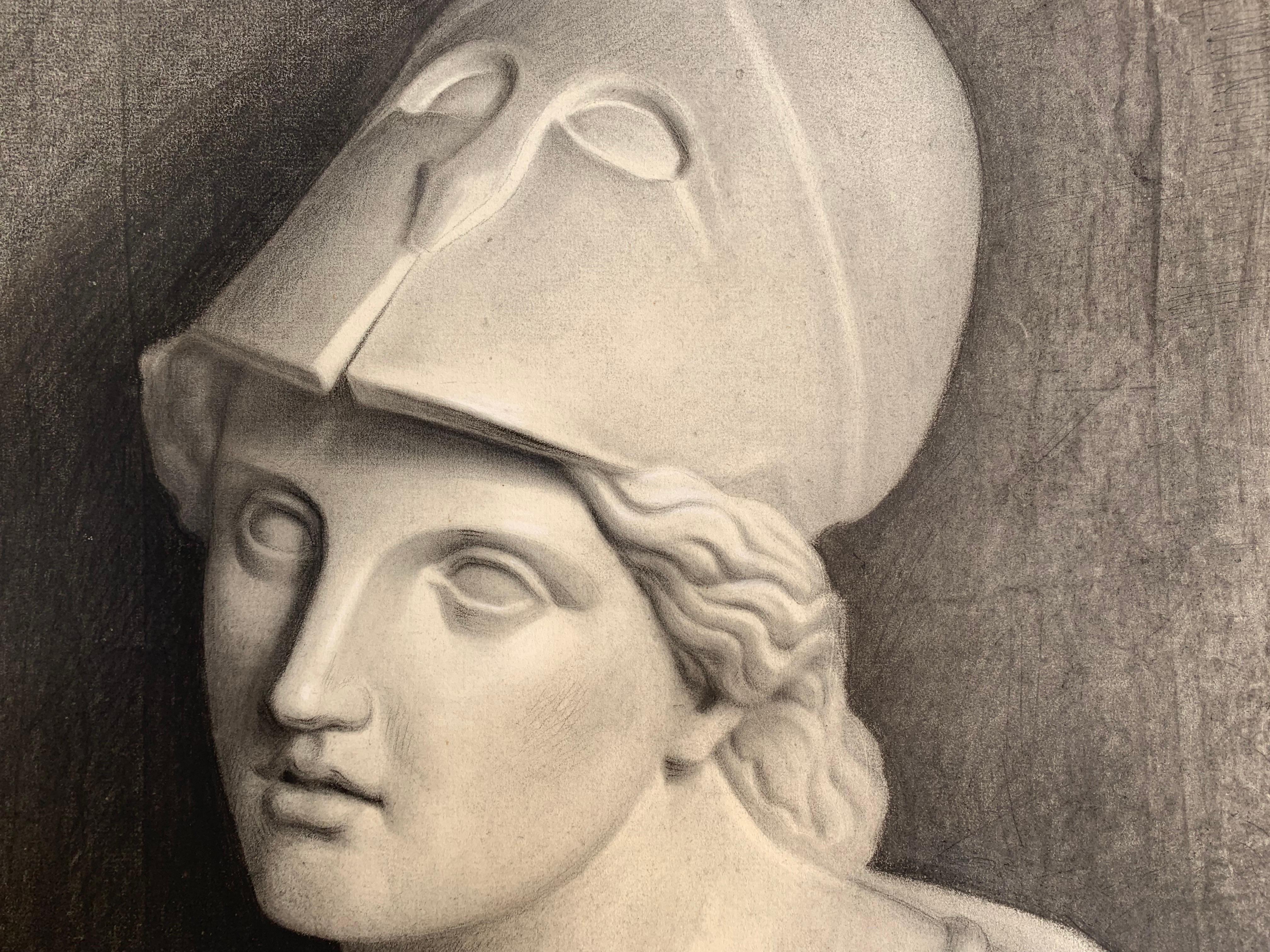 Dibujo académico del siglo XIX: Estudio al carboncillo del busto de Palas Atenea 2